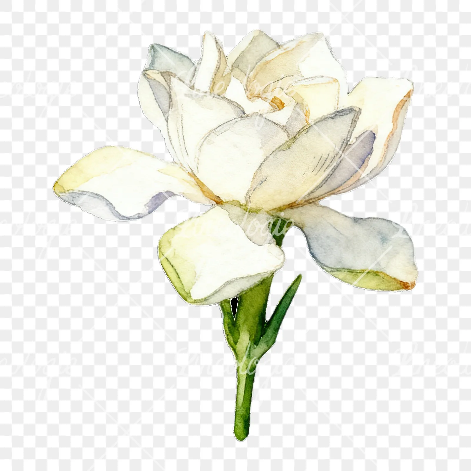 Watercolor white gardenia with yellow hints clipart 7 of 9 on a transparent background (PNG)