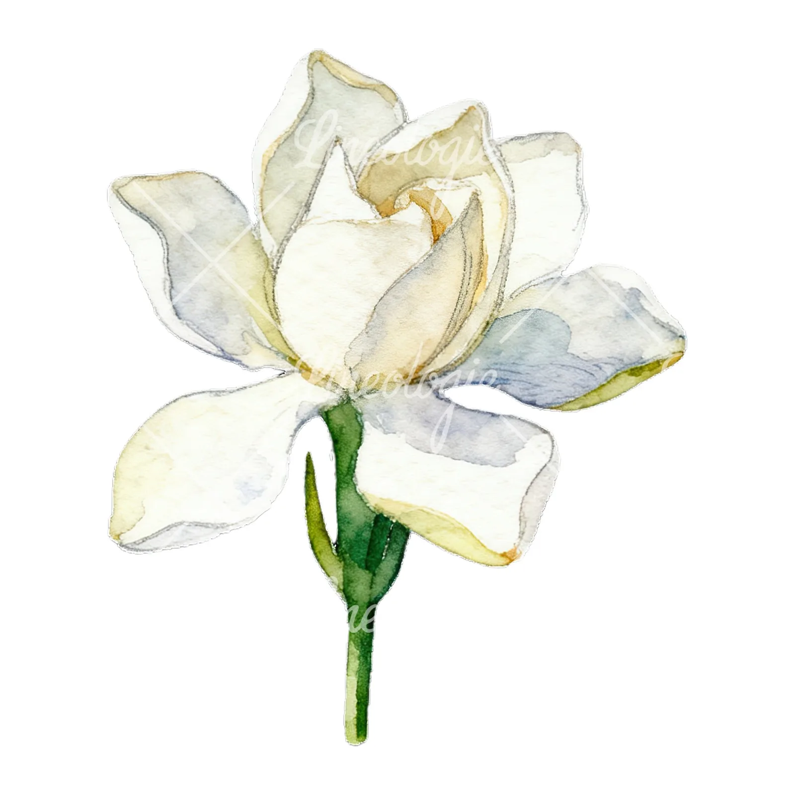 Watercolor white gardenia with yellow hints clipart 8 of 9 on a white background (JPG)
