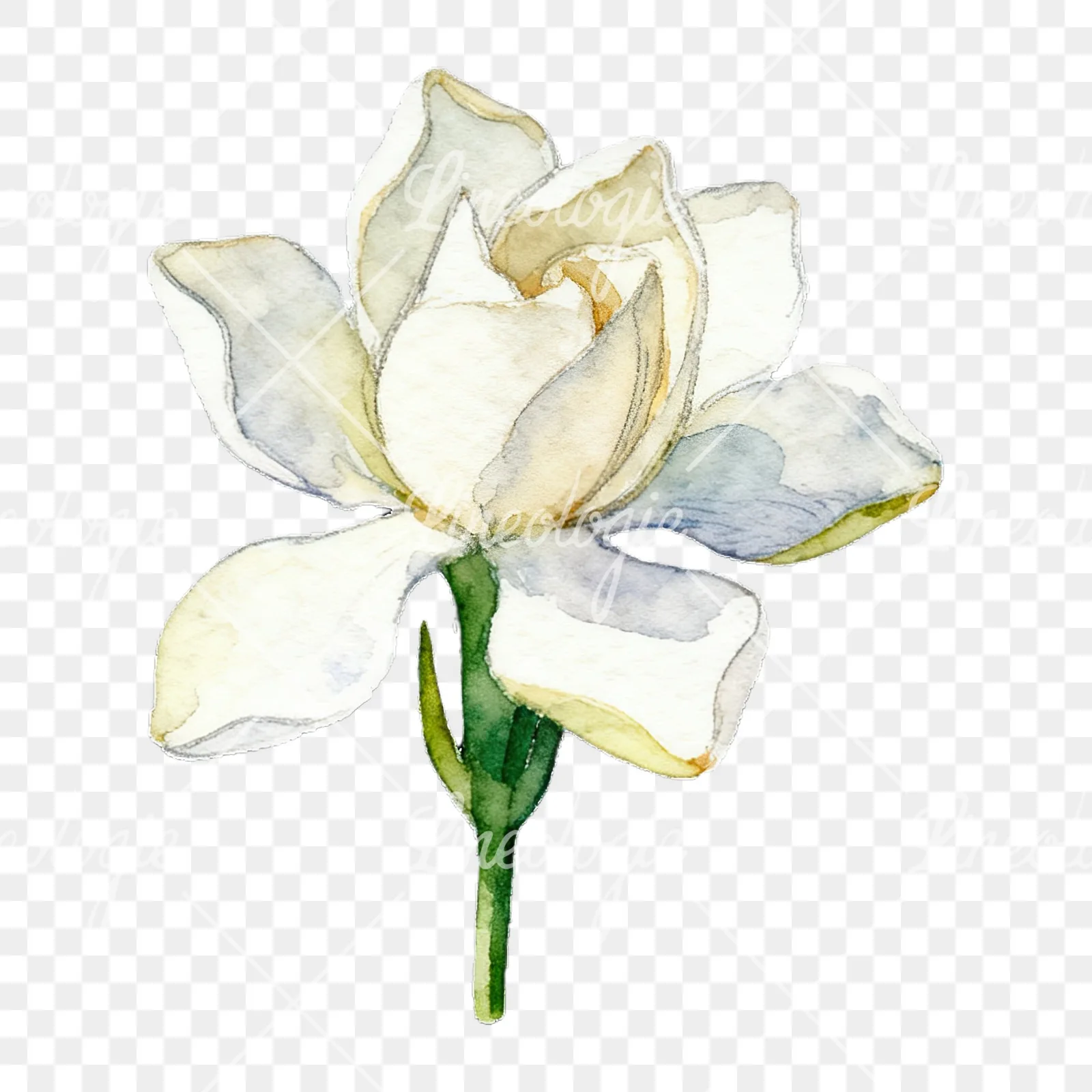 Watercolor white gardenia with yellow hints clipart 8 of 9 on a transparent background (PNG)