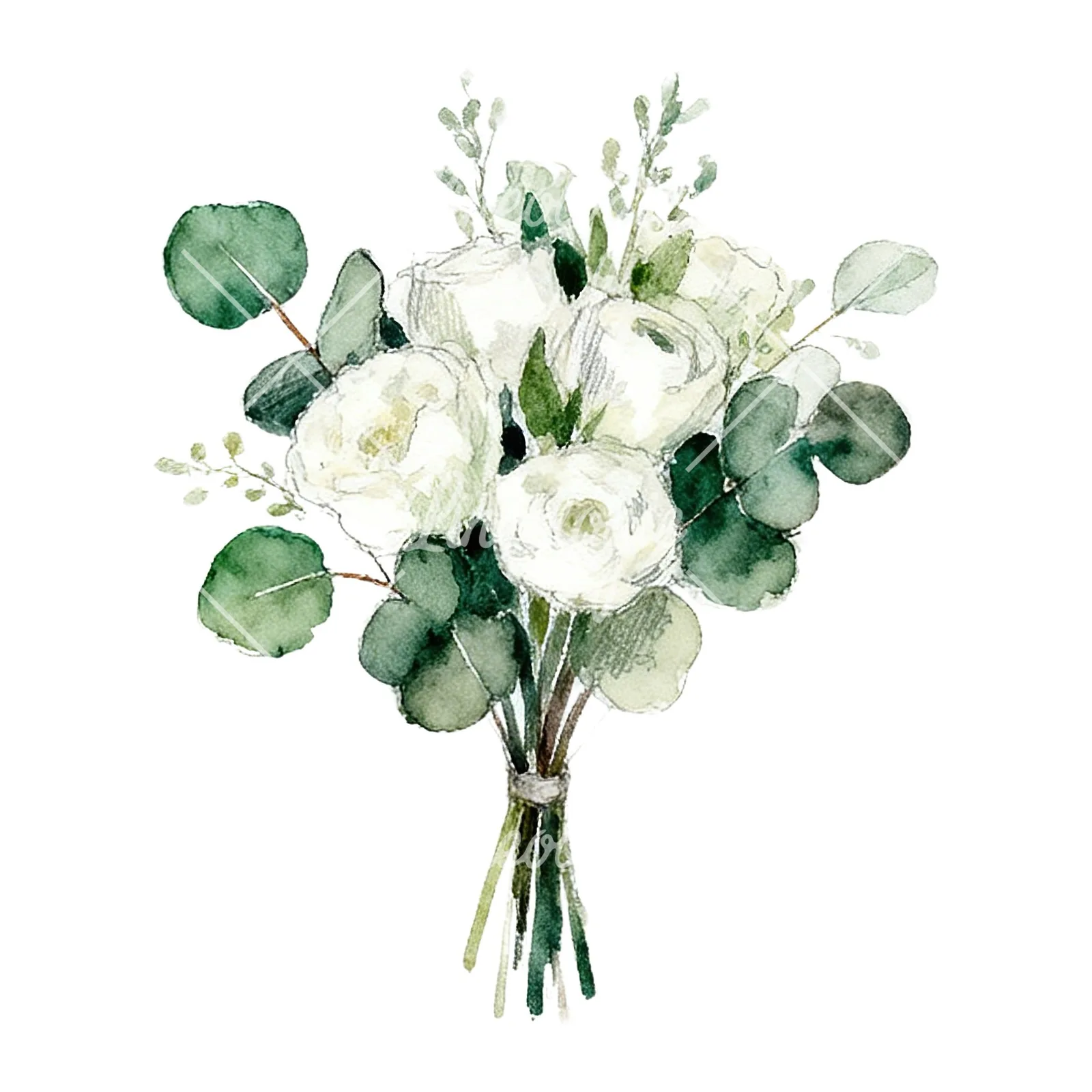 Watercolor white green wedding bouquets eucalyptus clipart 1 of 9 on a white background (JPG)