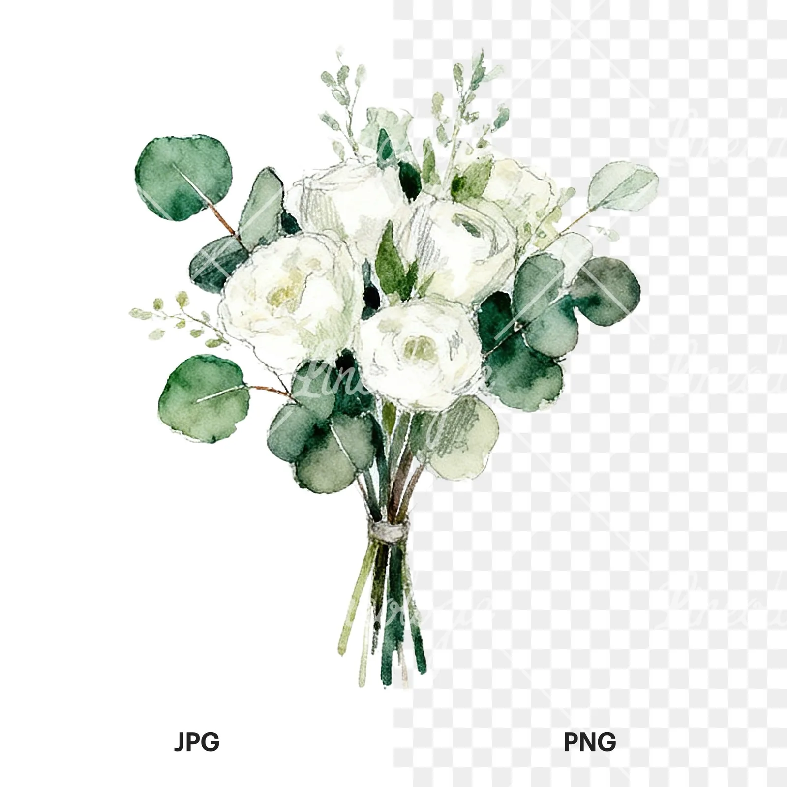 Watercolor white green wedding bouquets eucalyptus clipart 1 of 9, as a JPG on white and a transparent PNG