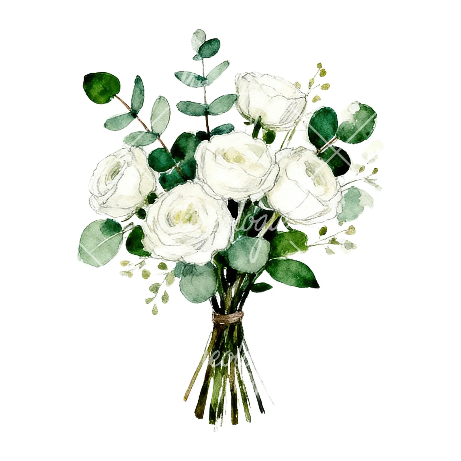Watercolor white green wedding bouquets eucalyptus clipart 2 of 9 on a white background (JPG)
