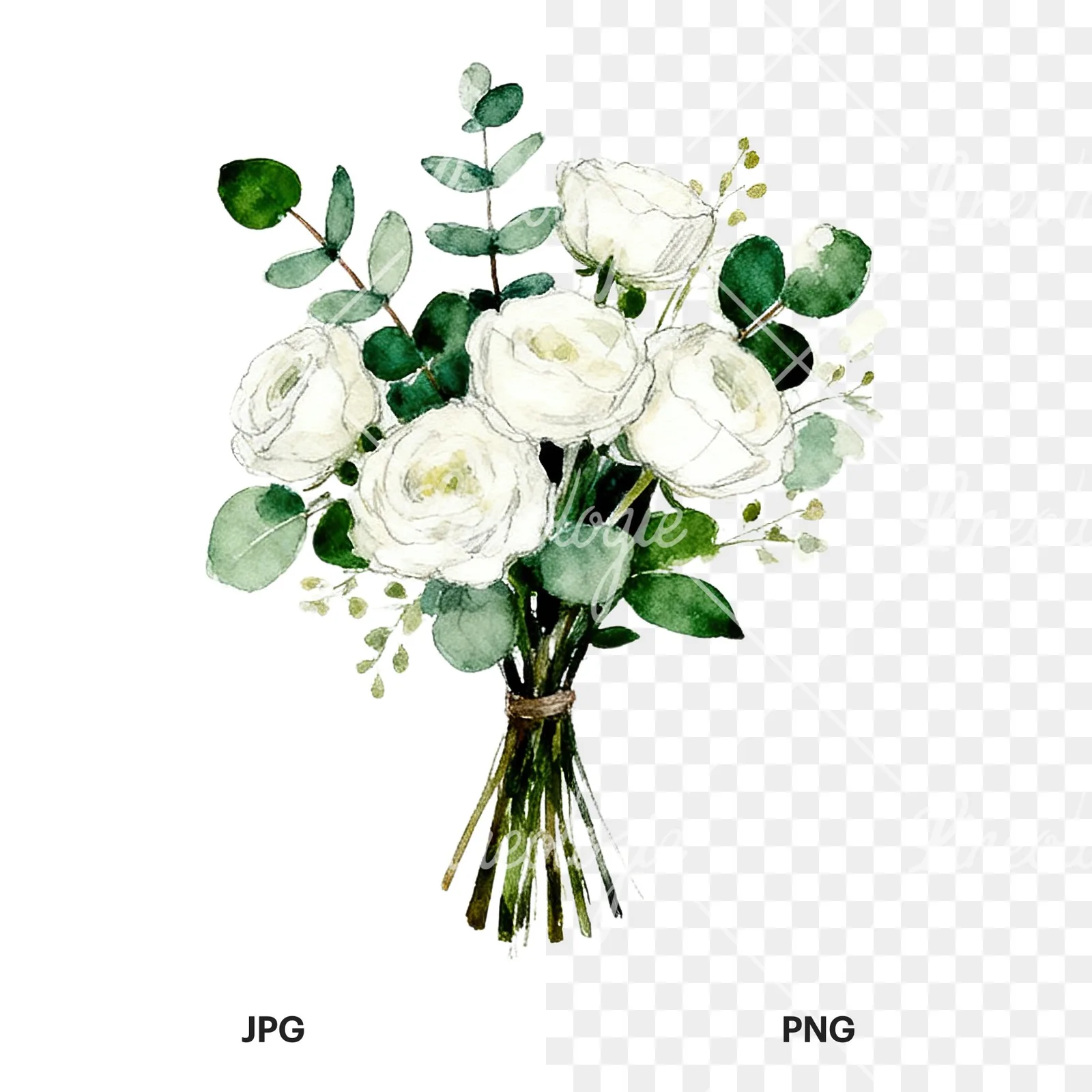 Watercolor white green wedding bouquets eucalyptus clipart 2 of 9, as a JPG on white and a transparent PNG