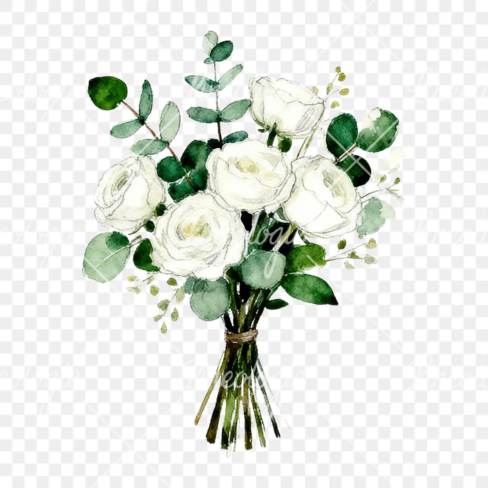 Watercolor white green wedding bouquets eucalyptus clipart 2 of 9 on a transparent background (PNG)