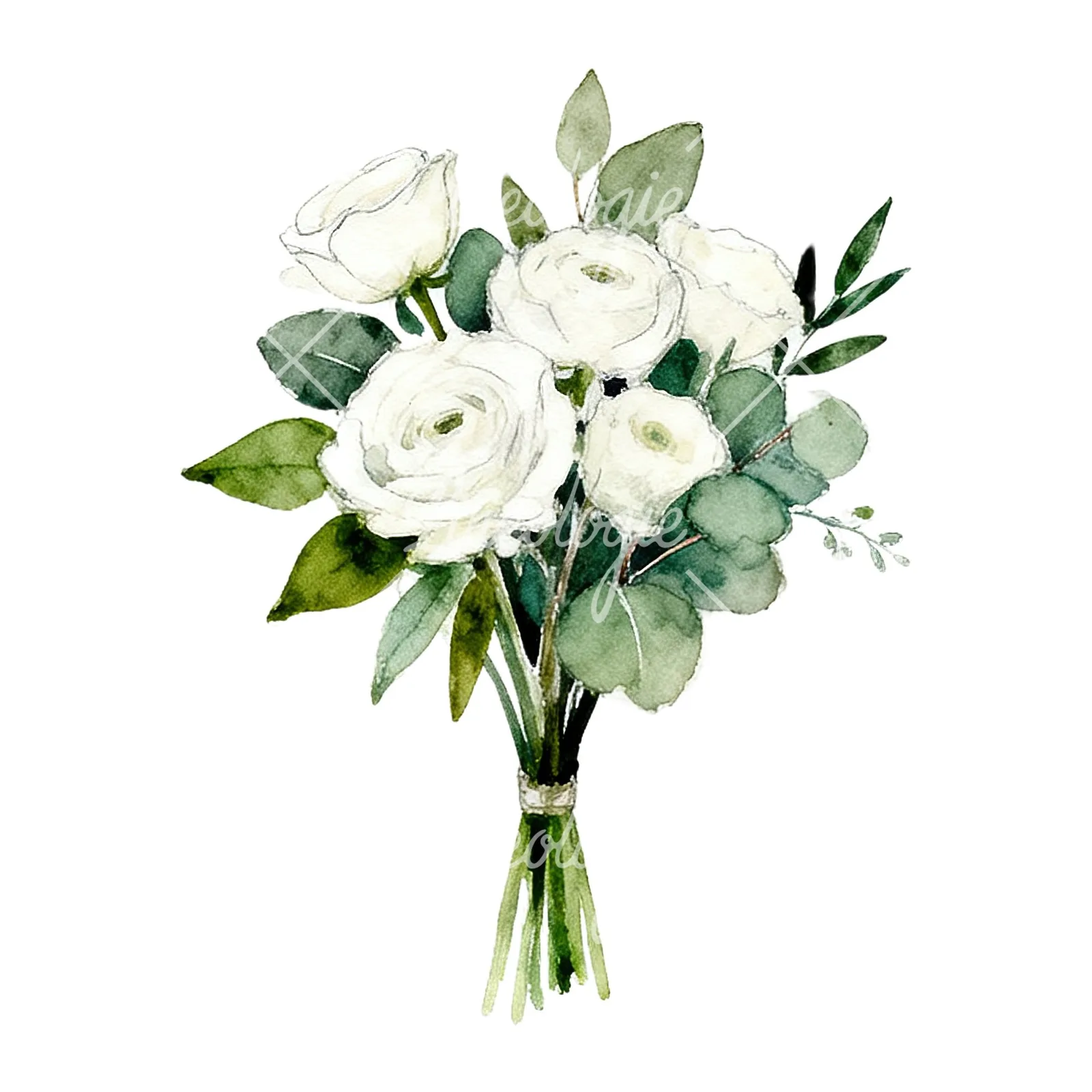 Watercolor white green wedding bouquets eucalyptus clipart 3 of 9 on a white background (JPG)