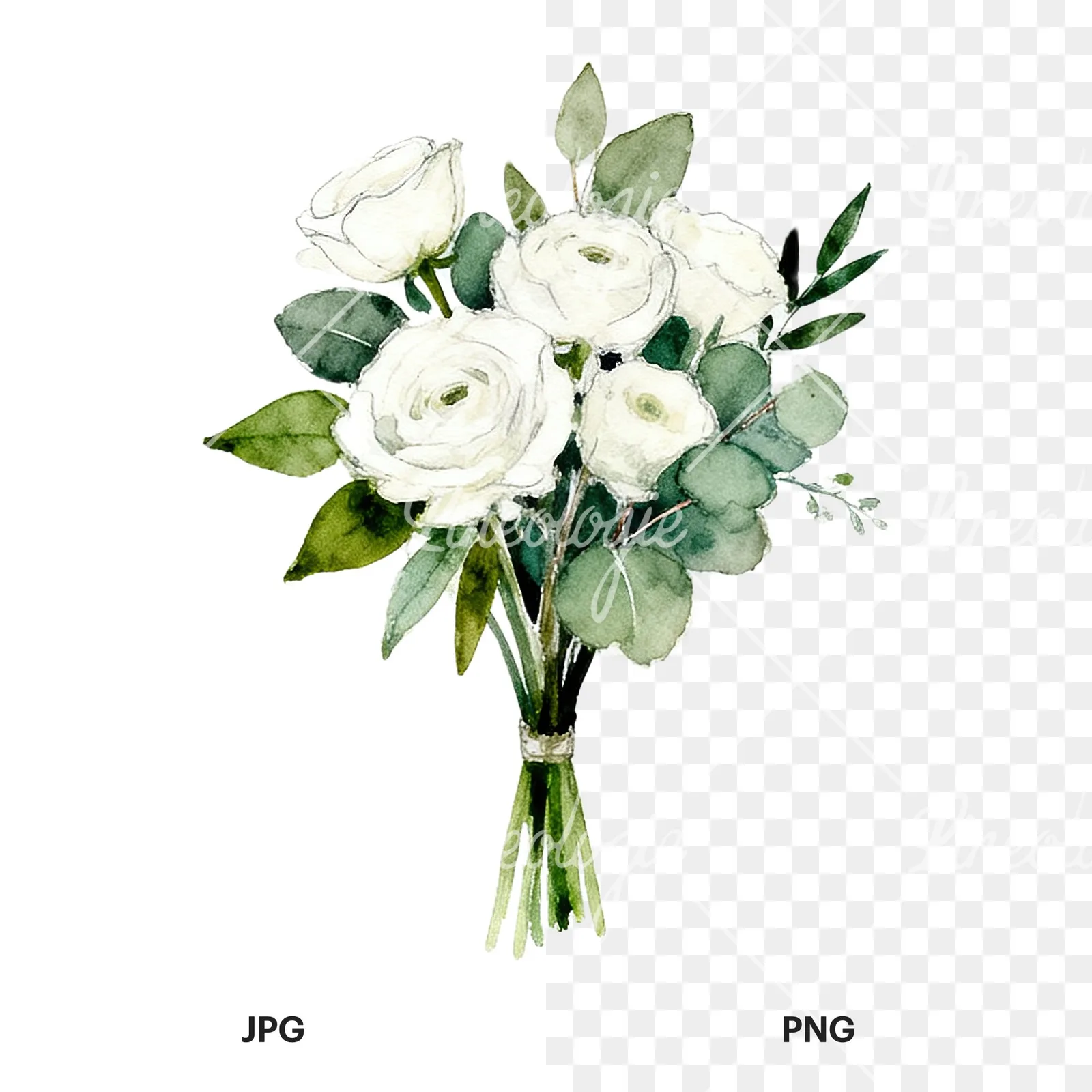 Watercolor white green wedding bouquets eucalyptus clipart 3 of 9, as a JPG on white and a transparent PNG