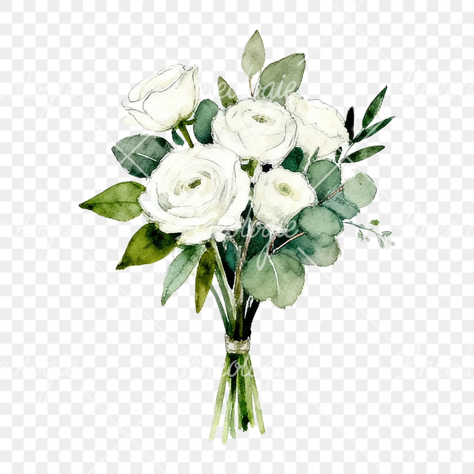 Watercolor white green wedding bouquets eucalyptus clipart 3 of 9 on a transparent background (PNG)