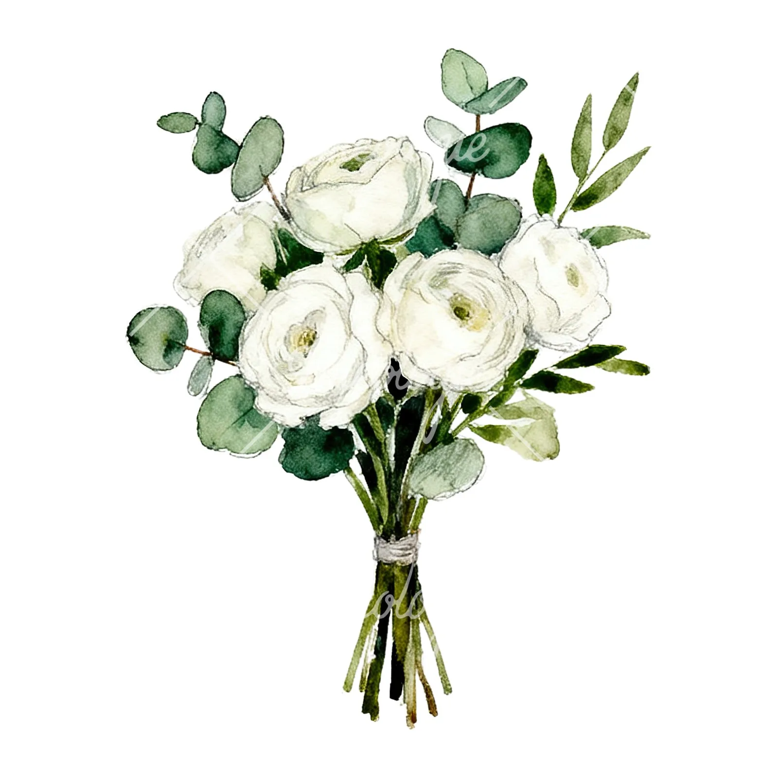 Watercolor white green wedding bouquets eucalyptus clipart 4 of 9 on a white background (JPG)