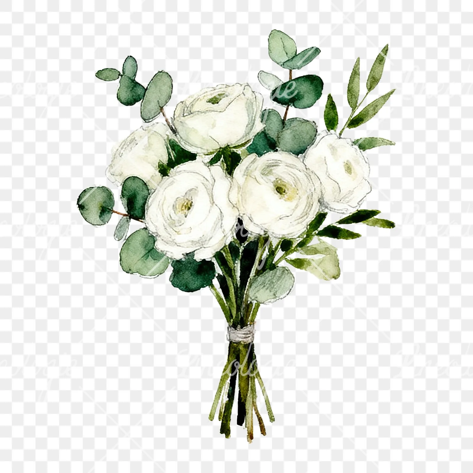 Watercolor white green wedding bouquets eucalyptus clipart 4 of 9 on a transparent background (PNG)