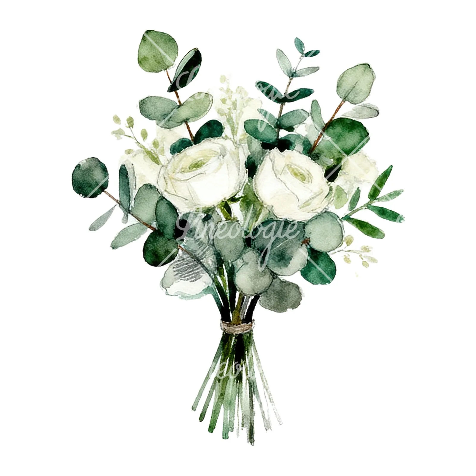 Watercolor white green wedding bouquets eucalyptus clipart 5 of 9 on a white background (JPG)