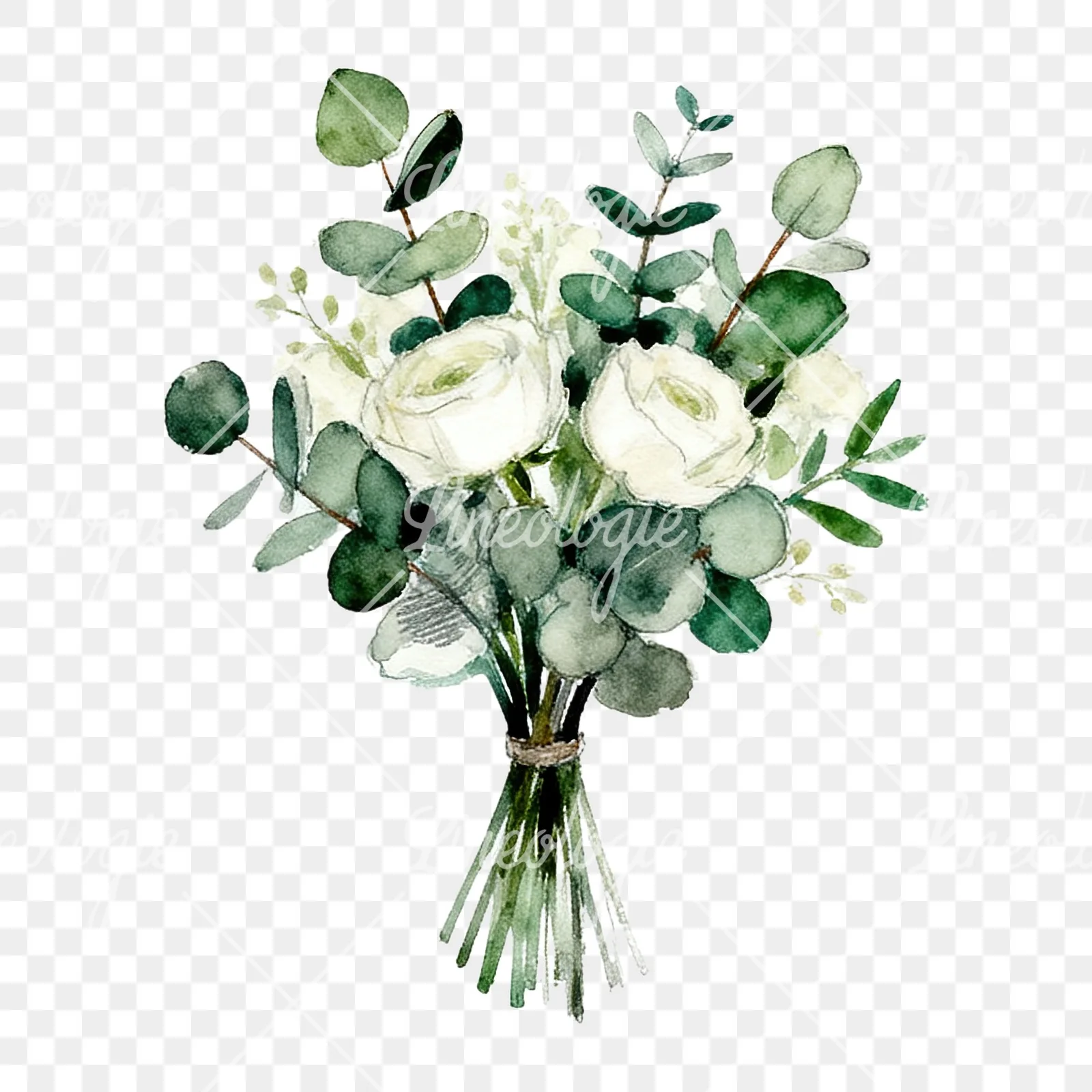Watercolor white green wedding bouquets eucalyptus clipart 5 of 9 on a transparent background (PNG)
