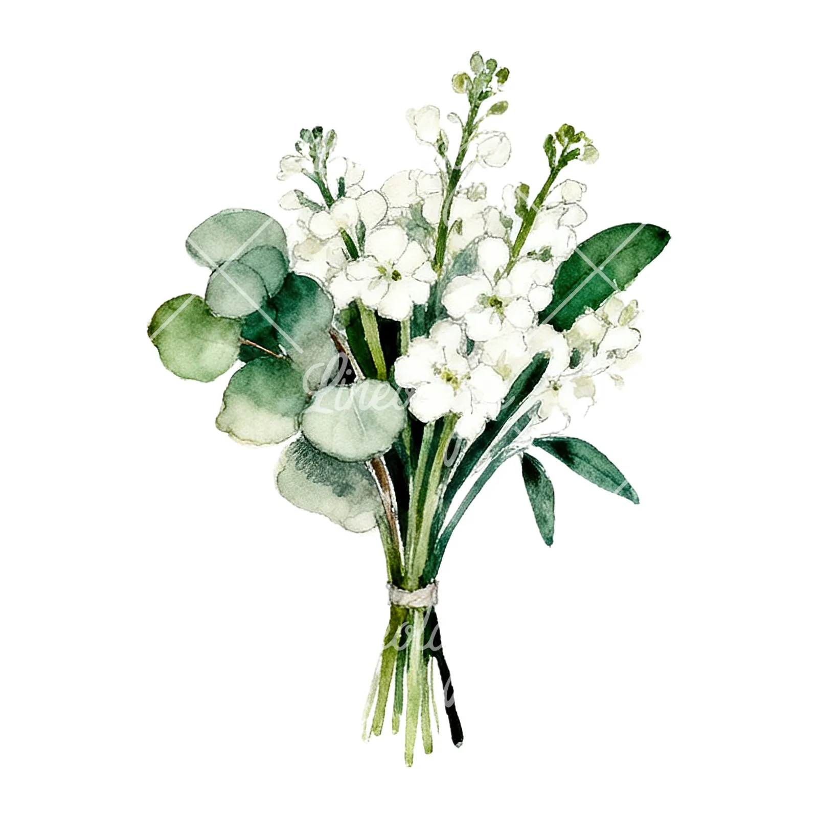 Watercolor white green wedding bouquets eucalyptus clipart 6 of 9 on a white background (JPG)