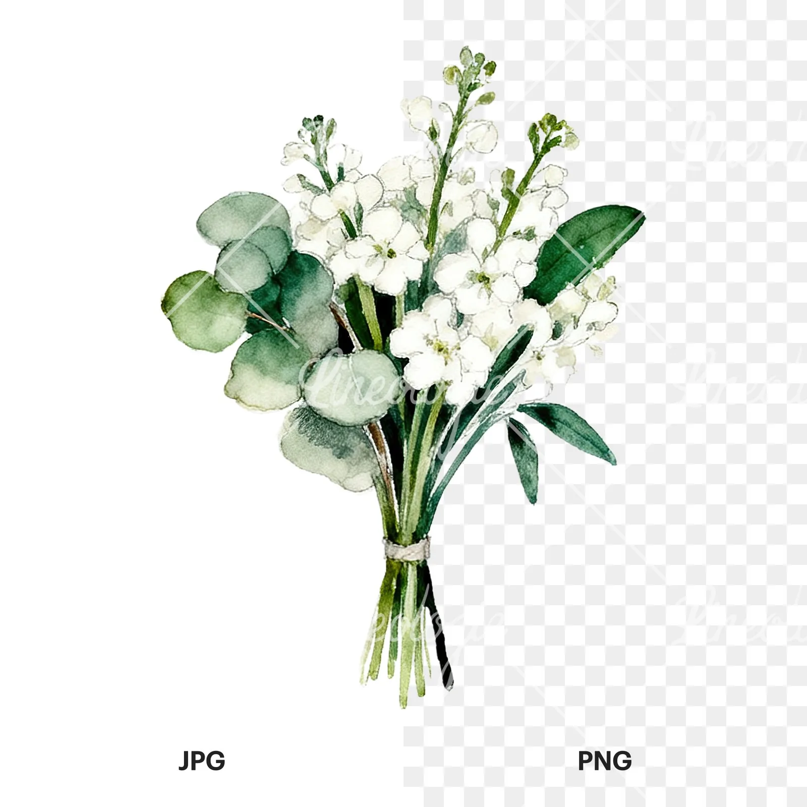 Watercolor white green wedding bouquets eucalyptus clipart 6 of 9, as a JPG on white and a transparent PNG