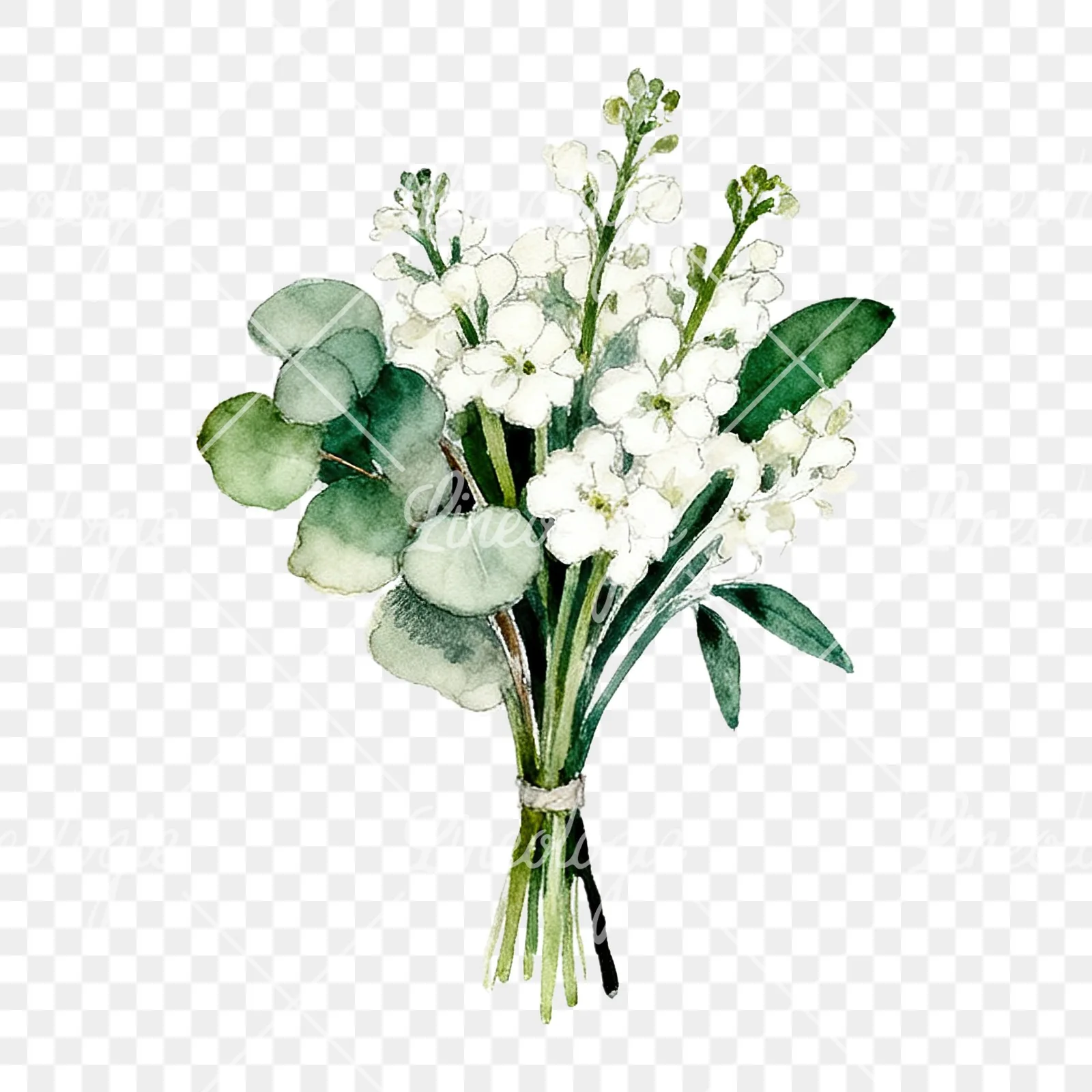 Watercolor white green wedding bouquets eucalyptus clipart 6 of 9 on a transparent background (PNG)
