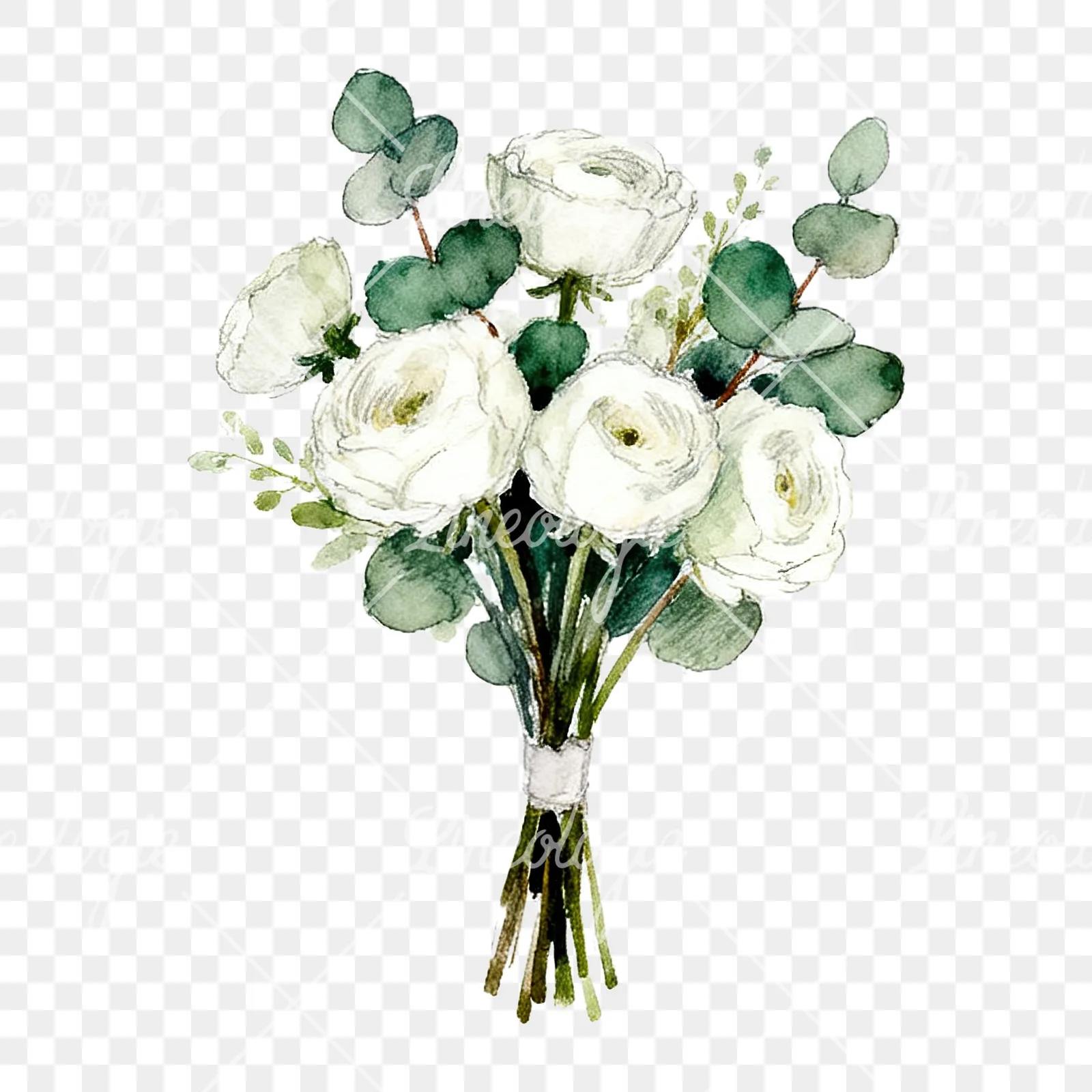 Watercolor white green wedding bouquets eucalyptus clipart 7 of 9 on a transparent background (PNG)