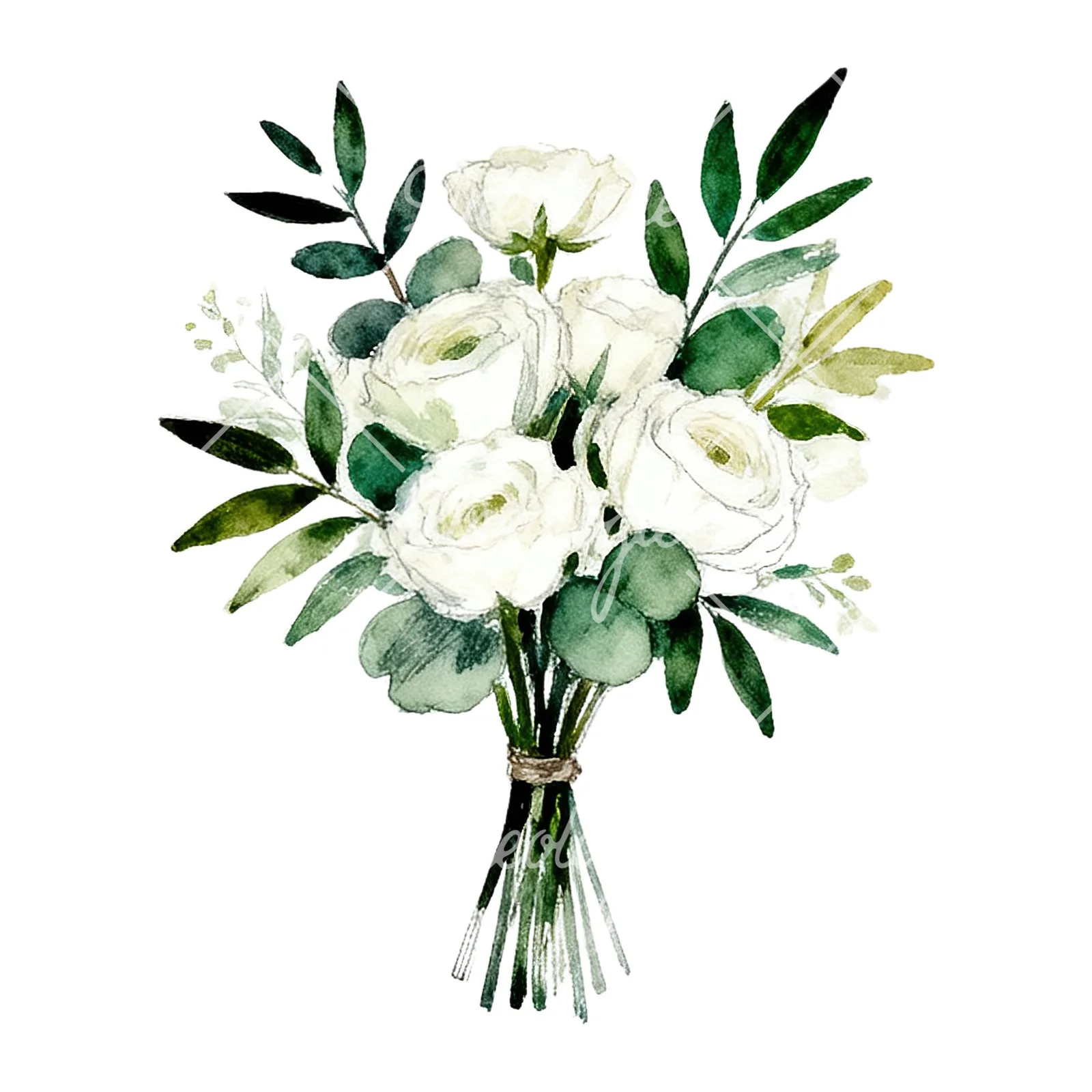 Watercolor white green wedding bouquets eucalyptus clipart 8 of 9 on a white background (JPG)