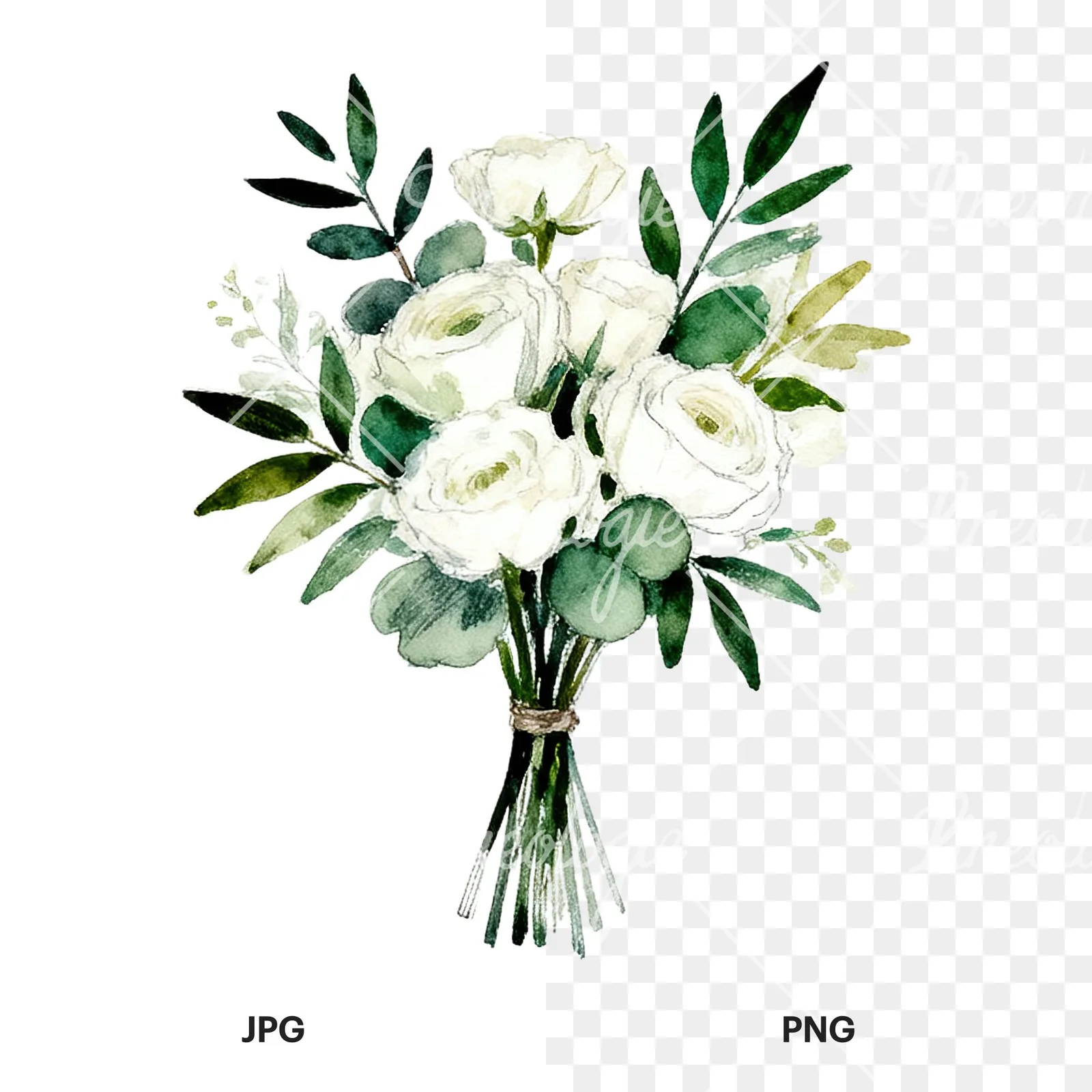 Watercolor white green wedding bouquets eucalyptus clipart 8 of 9, as a JPG on white and a transparent PNG