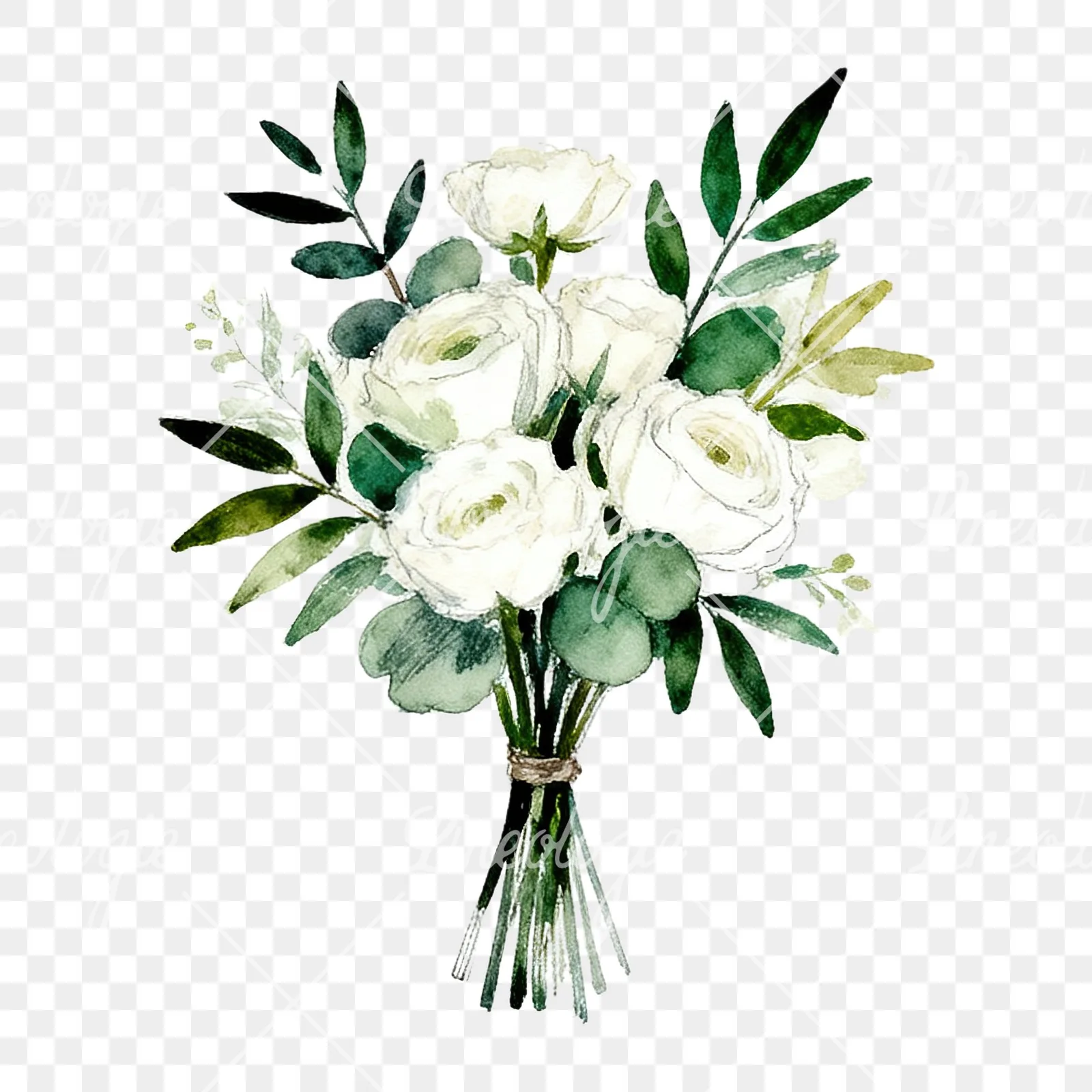 Watercolor white green wedding bouquets eucalyptus clipart 8 of 9 on a transparent background (PNG)