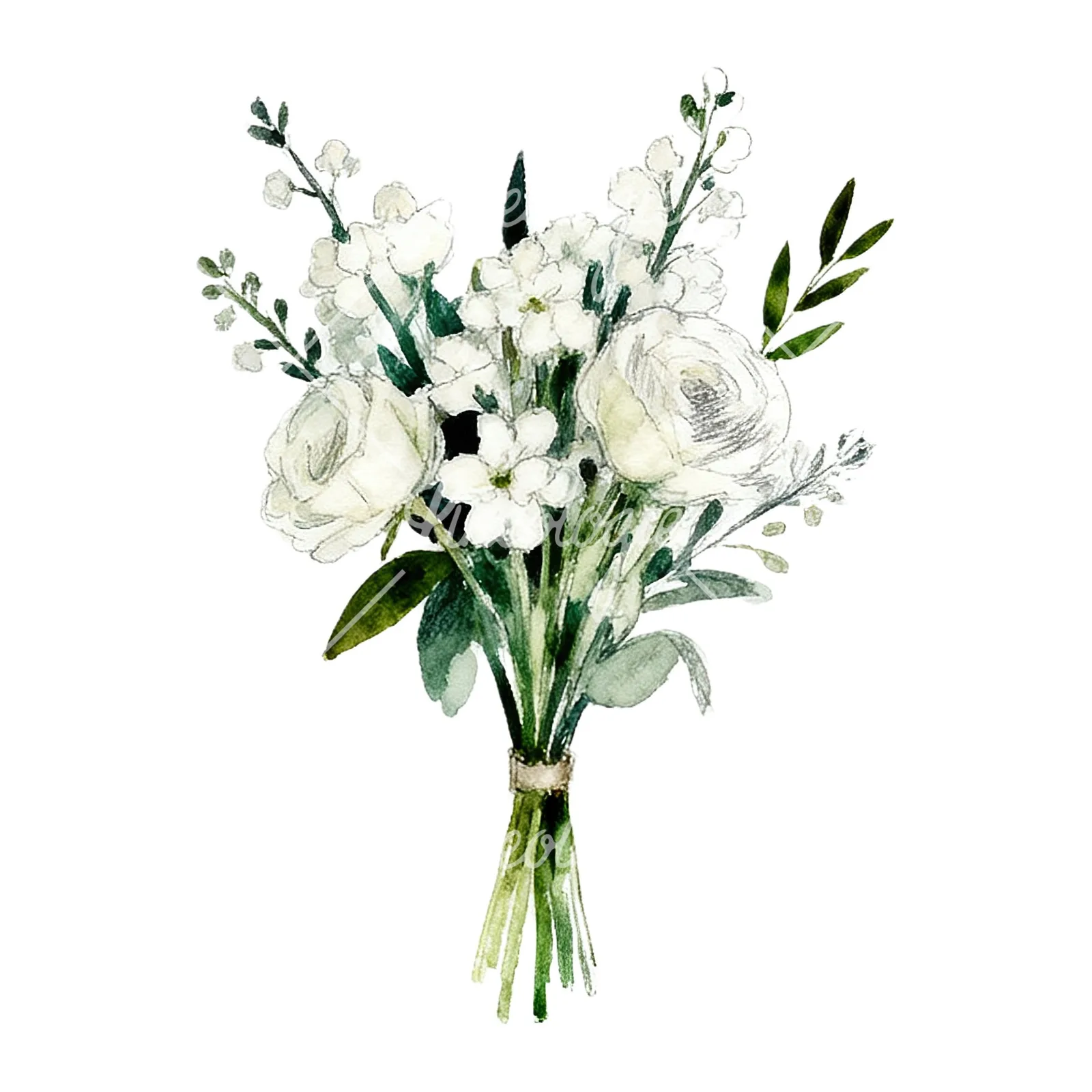 Watercolor white green wedding bouquets eucalyptus clipart 9 of 9 on a white background (JPG)