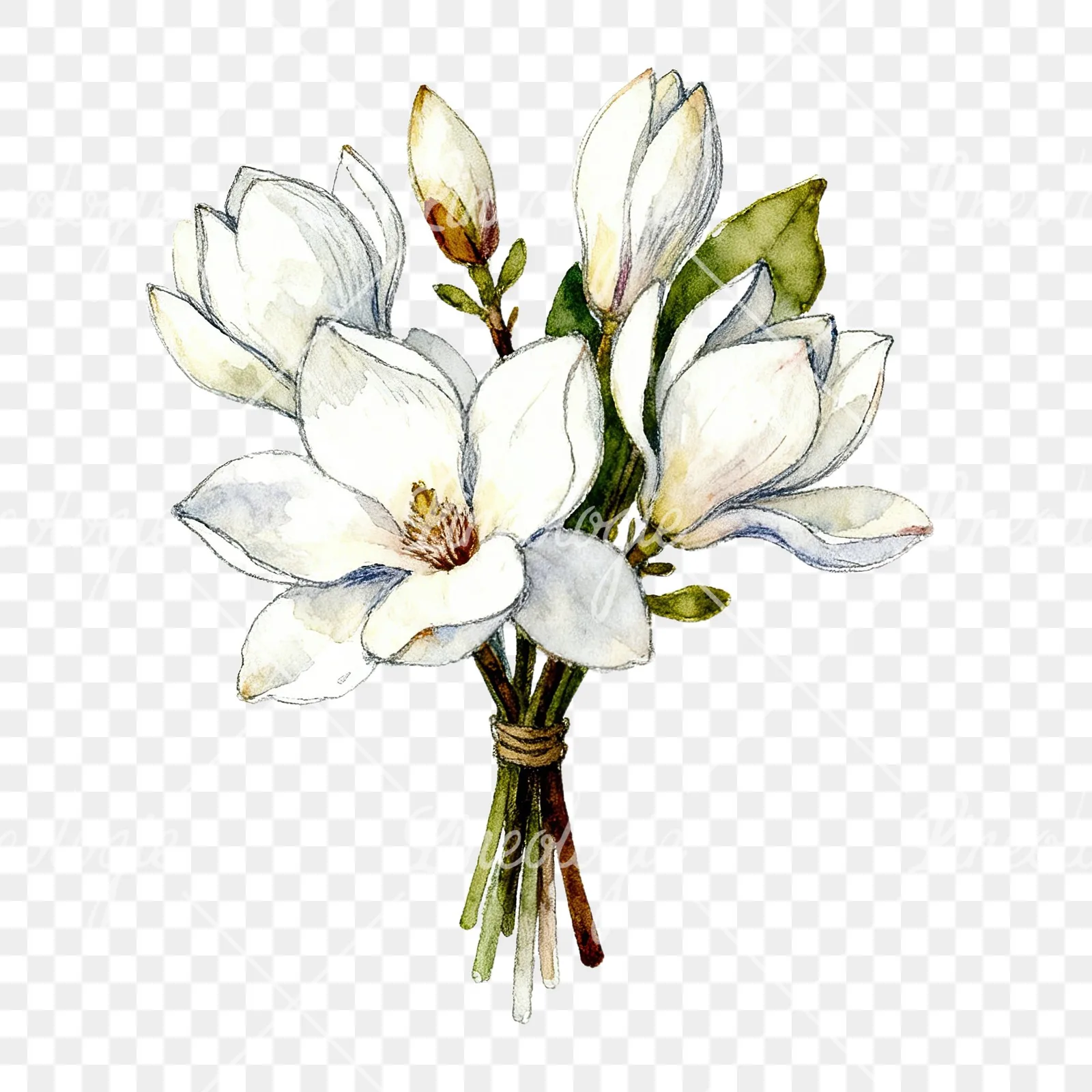 Watercolor white magnolia bouquet clipart 1 of 9 on a transparent background (PNG)