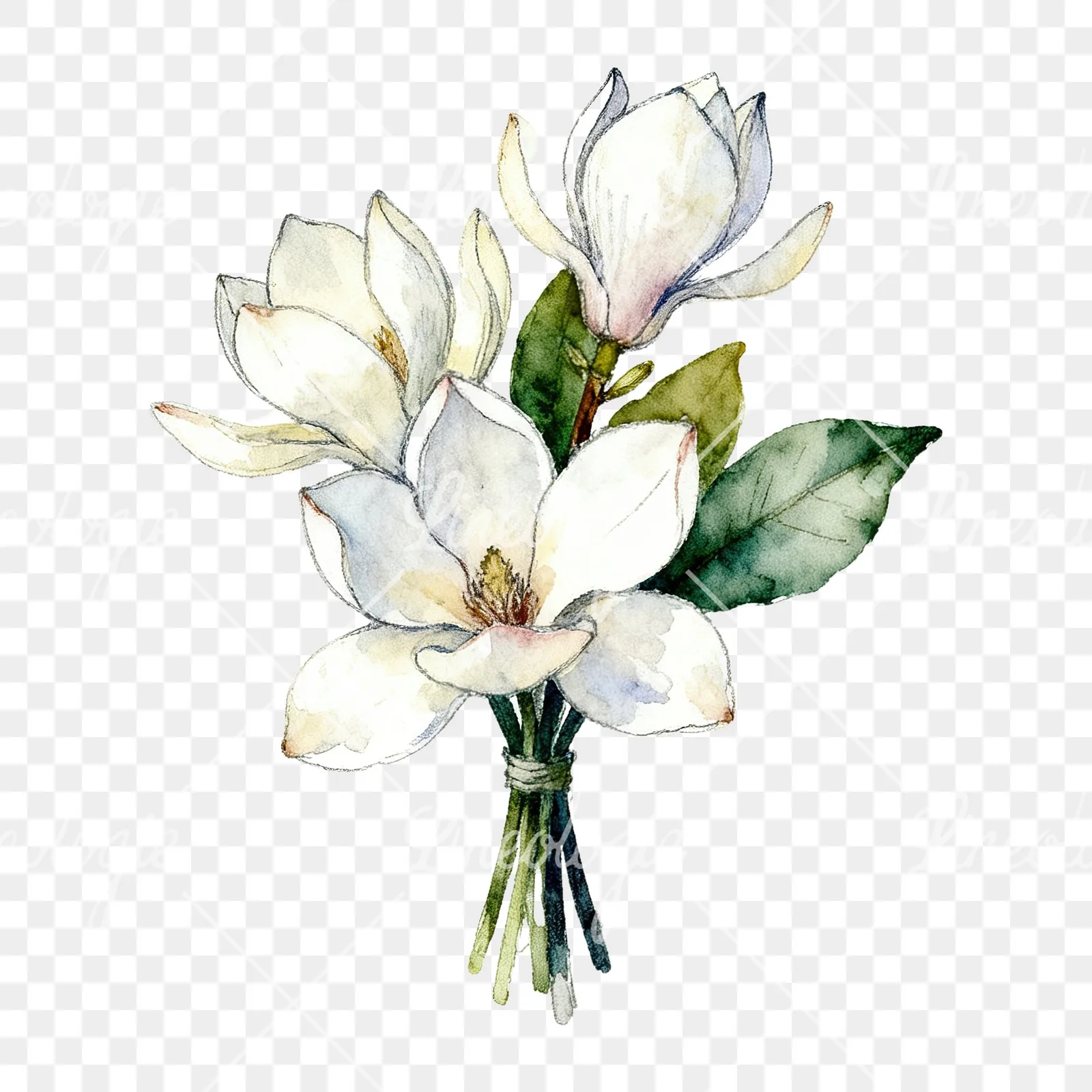 Watercolor white magnolia bouquet clipart 2 of 9 on a transparent background (PNG)