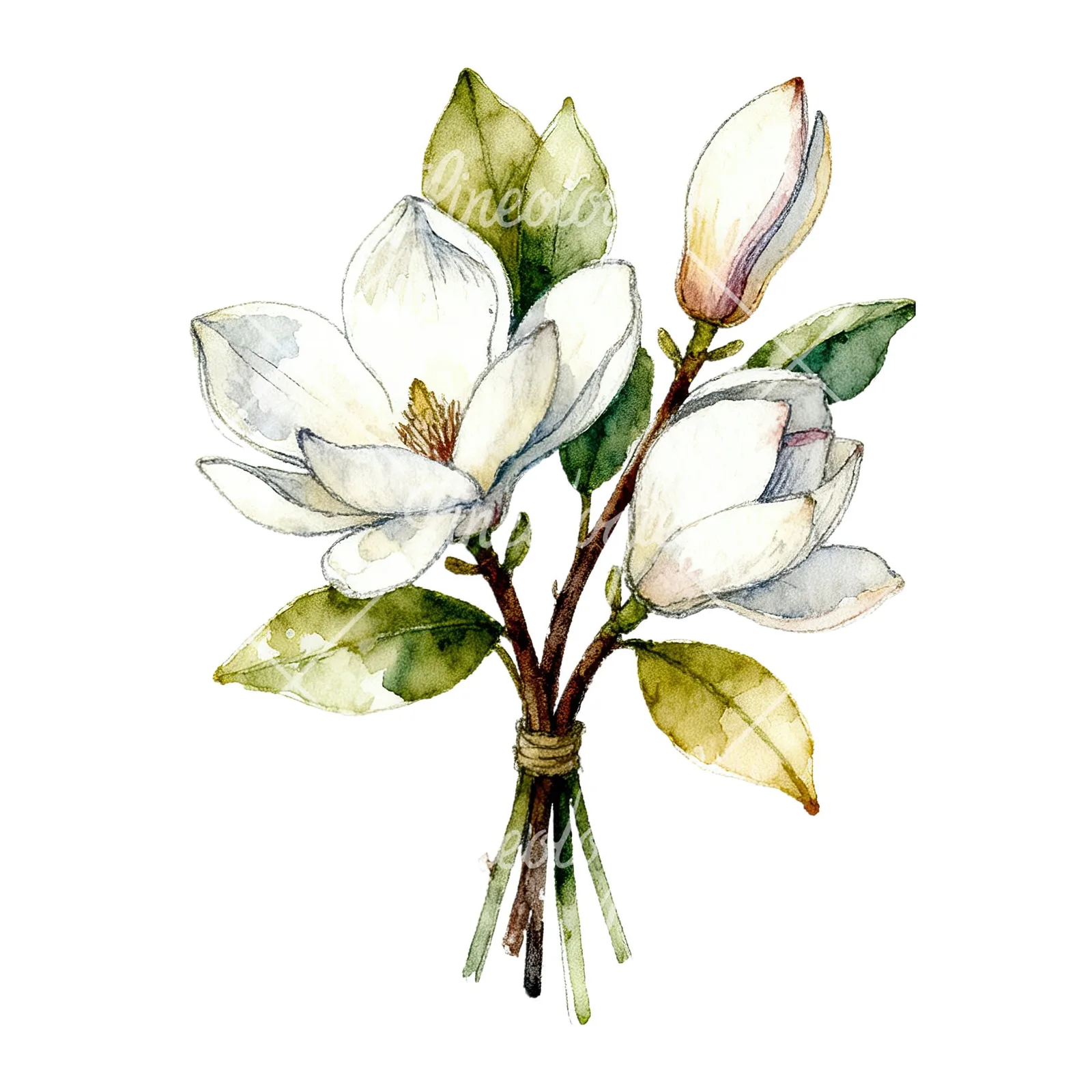 Watercolor white magnolia bouquet clipart 3 of 9 on a white background (JPG)