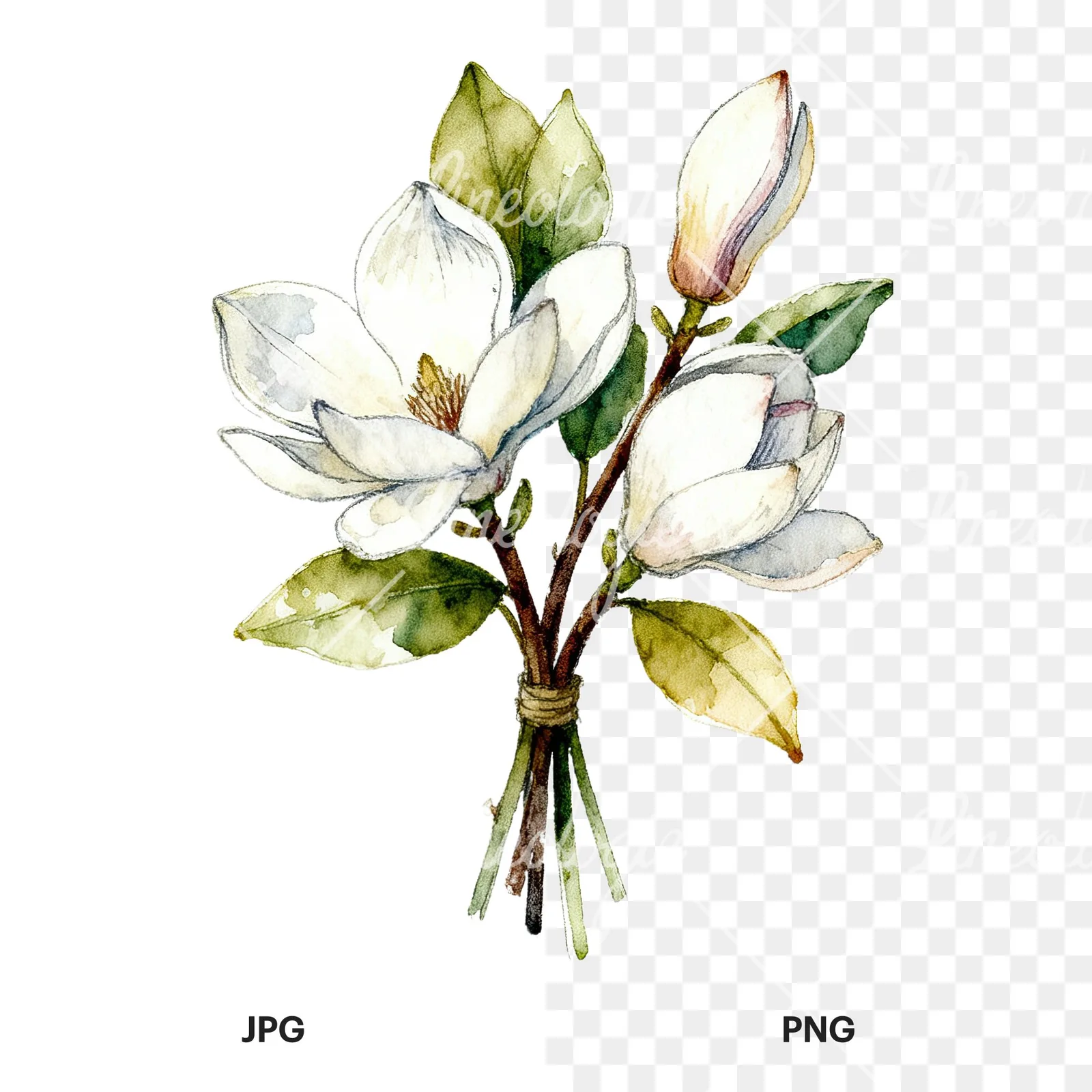 Watercolor white magnolia bouquet clipart 3 of 9, as a JPG on white and a transparent PNG