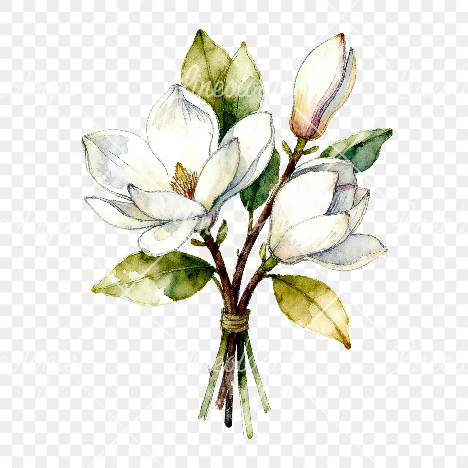 Watercolor white magnolia bouquet clipart 3 of 9 on a transparent background (PNG)