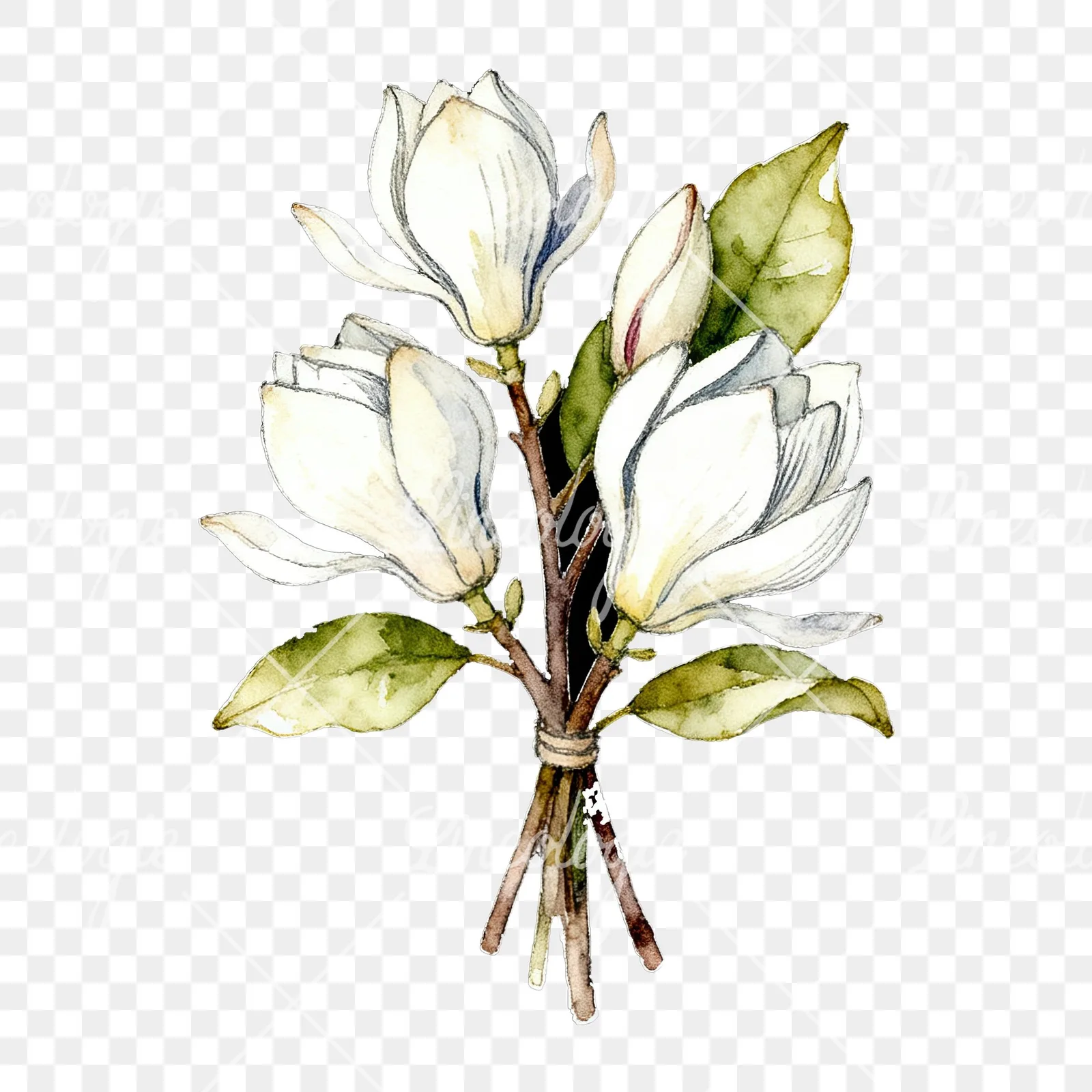Watercolor white magnolia bouquet clipart 4 of 9 on a transparent background (PNG)