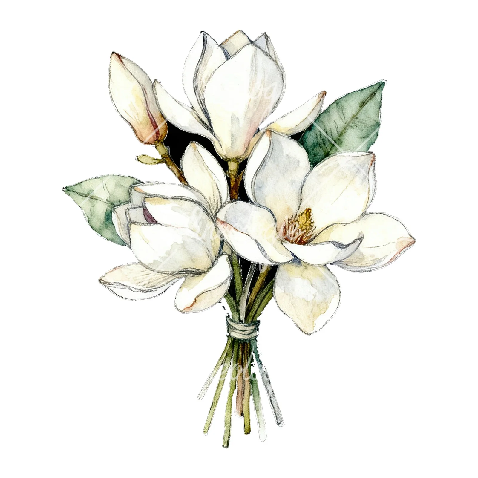 Watercolor white magnolia bouquet clipart 5 of 9 on a white background (JPG)