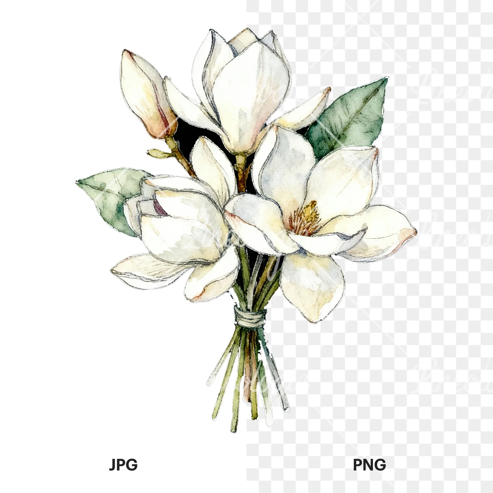 Watercolor white magnolia bouquet clipart 5 of 9, as a JPG on white and a transparent PNG
