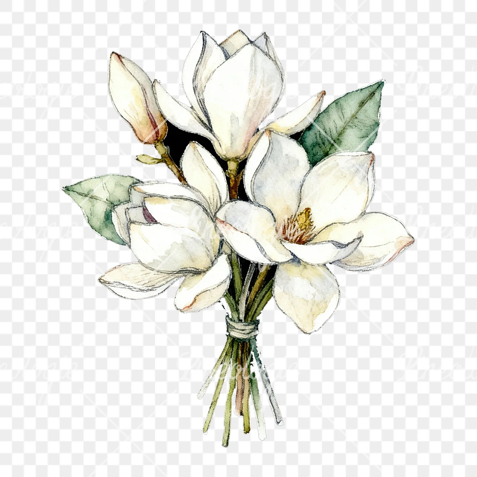 Watercolor white magnolia bouquet clipart 5 of 9 on a transparent background (PNG)
