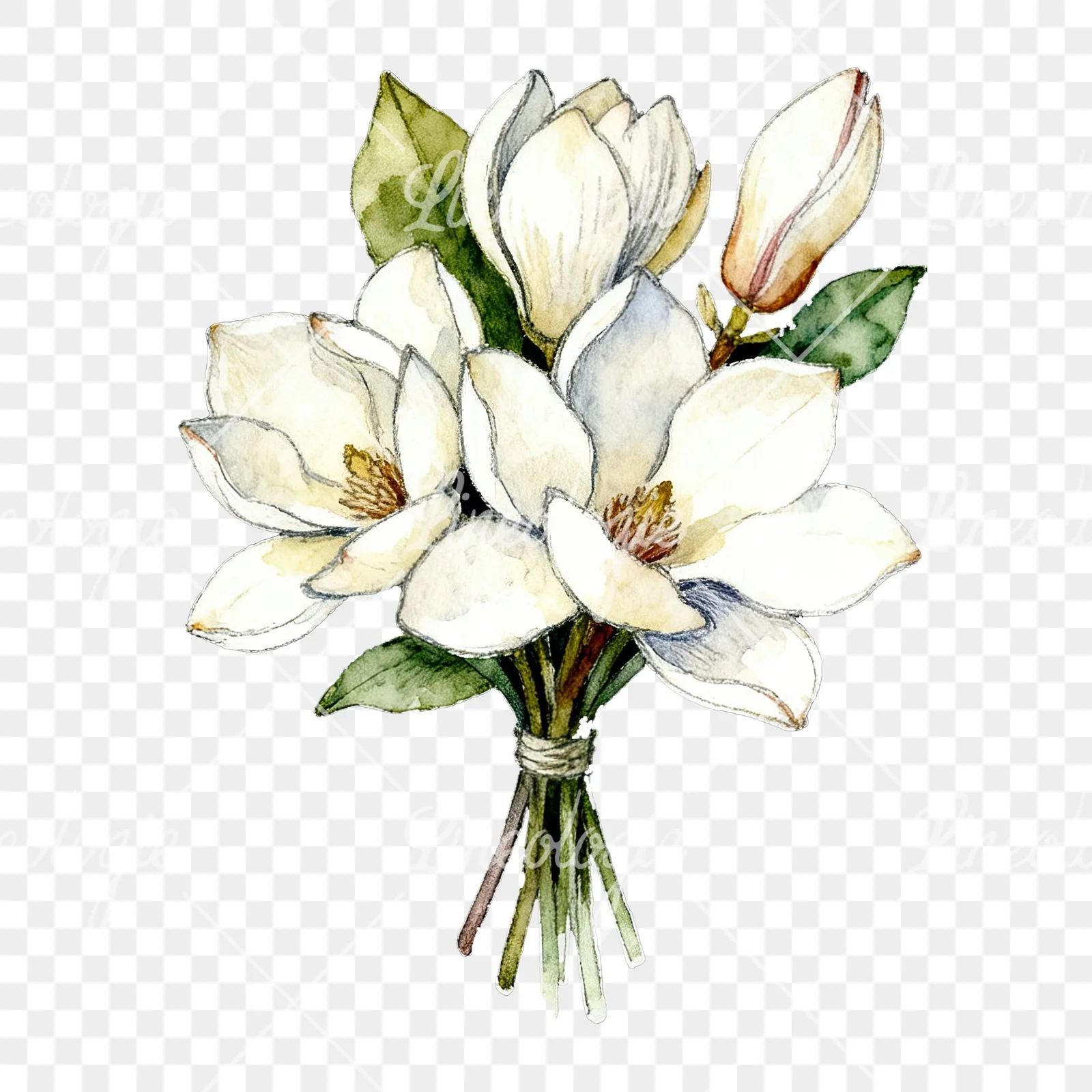 Watercolor white magnolia bouquet clipart 6 of 9 on a transparent background (PNG)