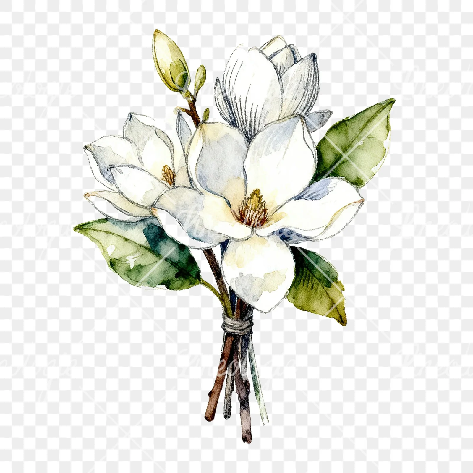 Watercolor white magnolia bouquet clipart 7 of 9 on a transparent background (PNG)