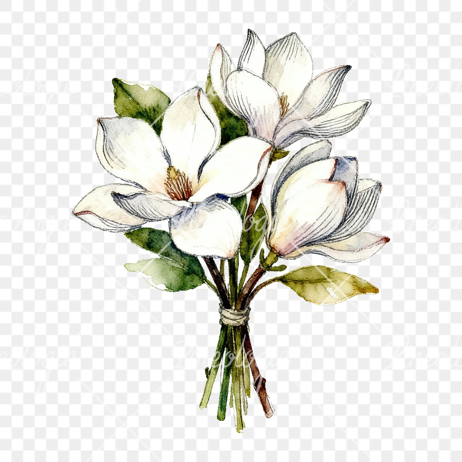 Watercolor white magnolia bouquet clipart 8 of 9 on a transparent background (PNG)
