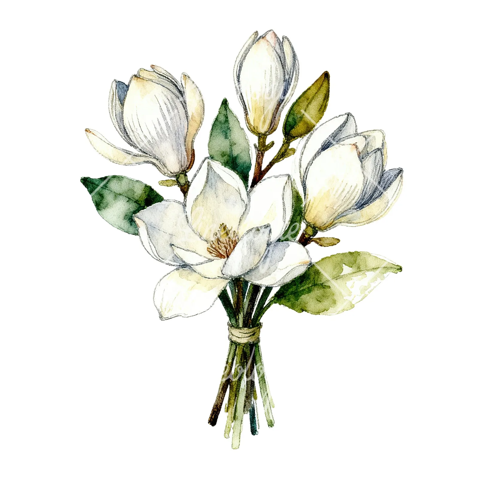 Watercolor white magnolia bouquet clipart 9 of 9 on a white background (JPG)