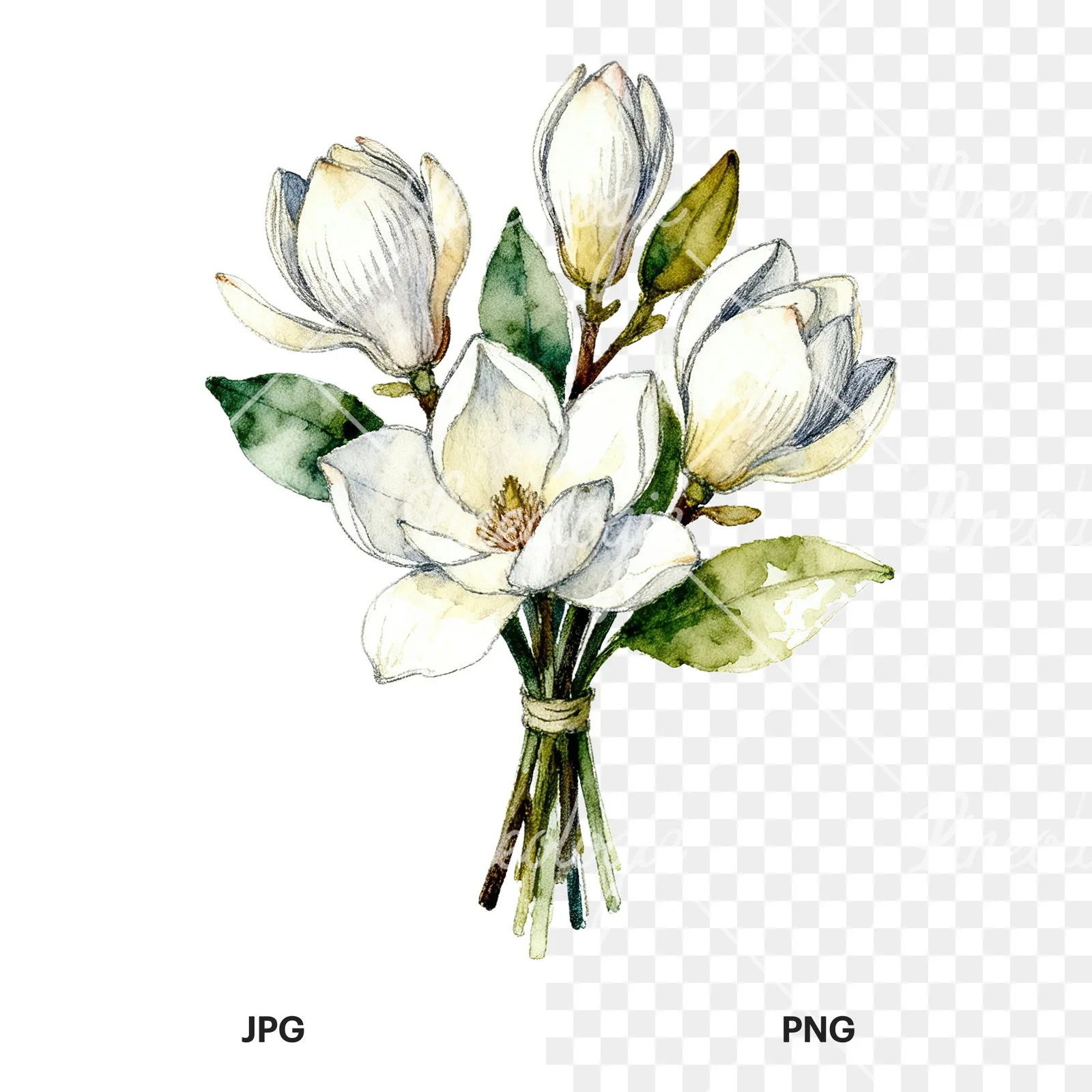 Watercolor white magnolia bouquet clipart 9 of 9, as a JPG on white and a transparent PNG