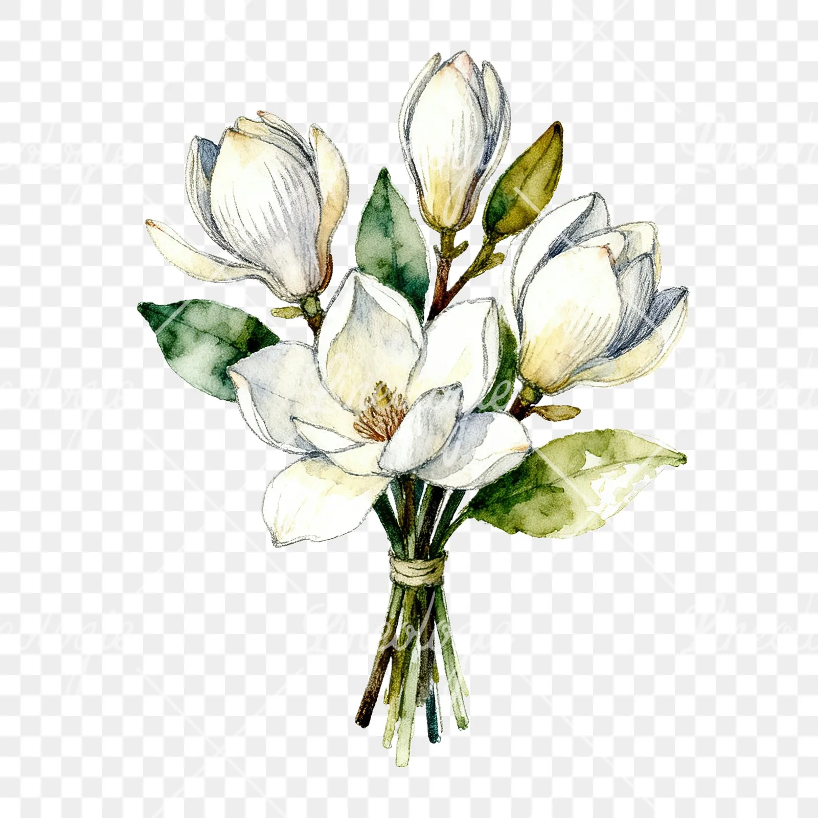 Watercolor white magnolia bouquet clipart 9 of 9 on a transparent background (PNG)