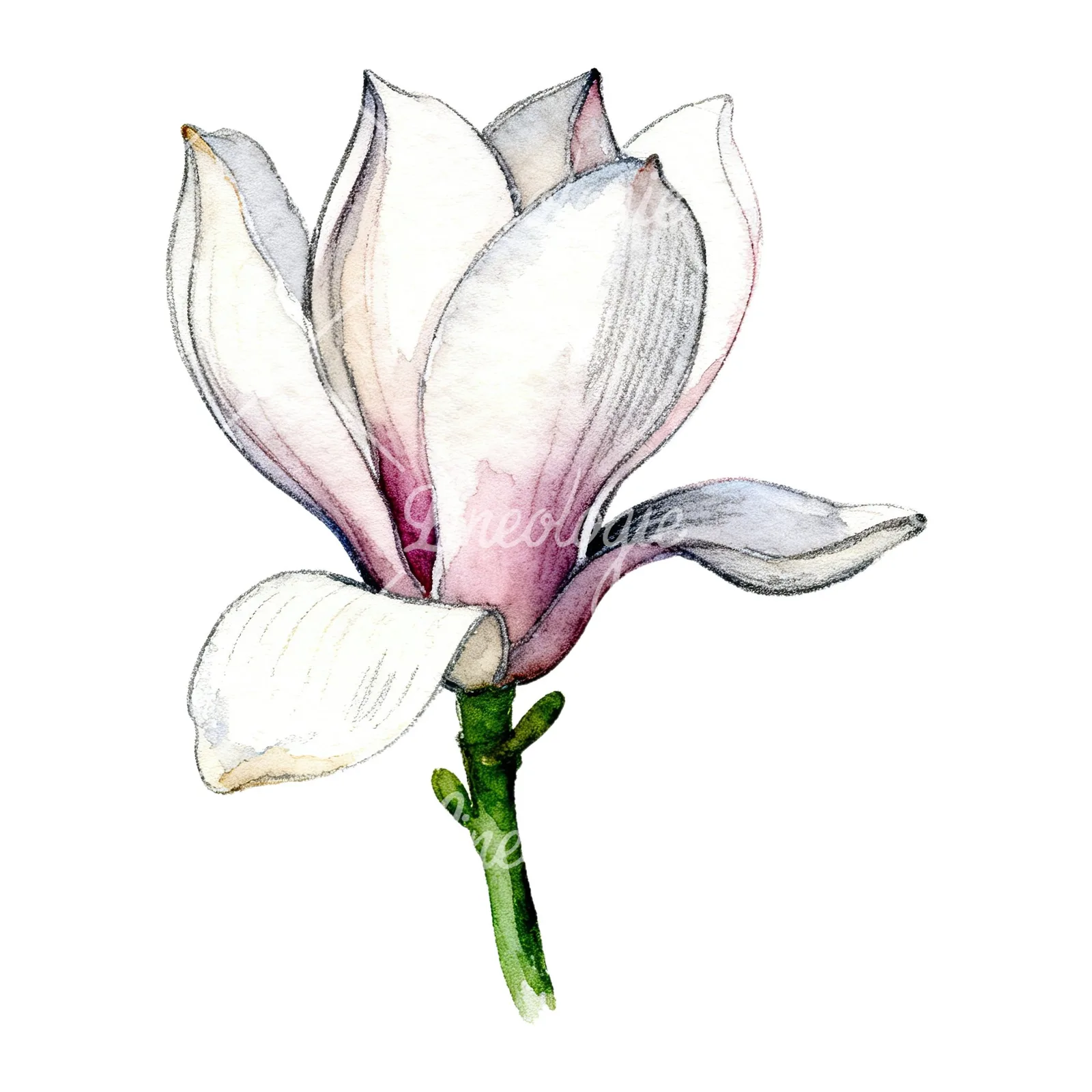 Watercolor white magnolia with pink tinges clipart 1 of 9 on a white background (JPG)