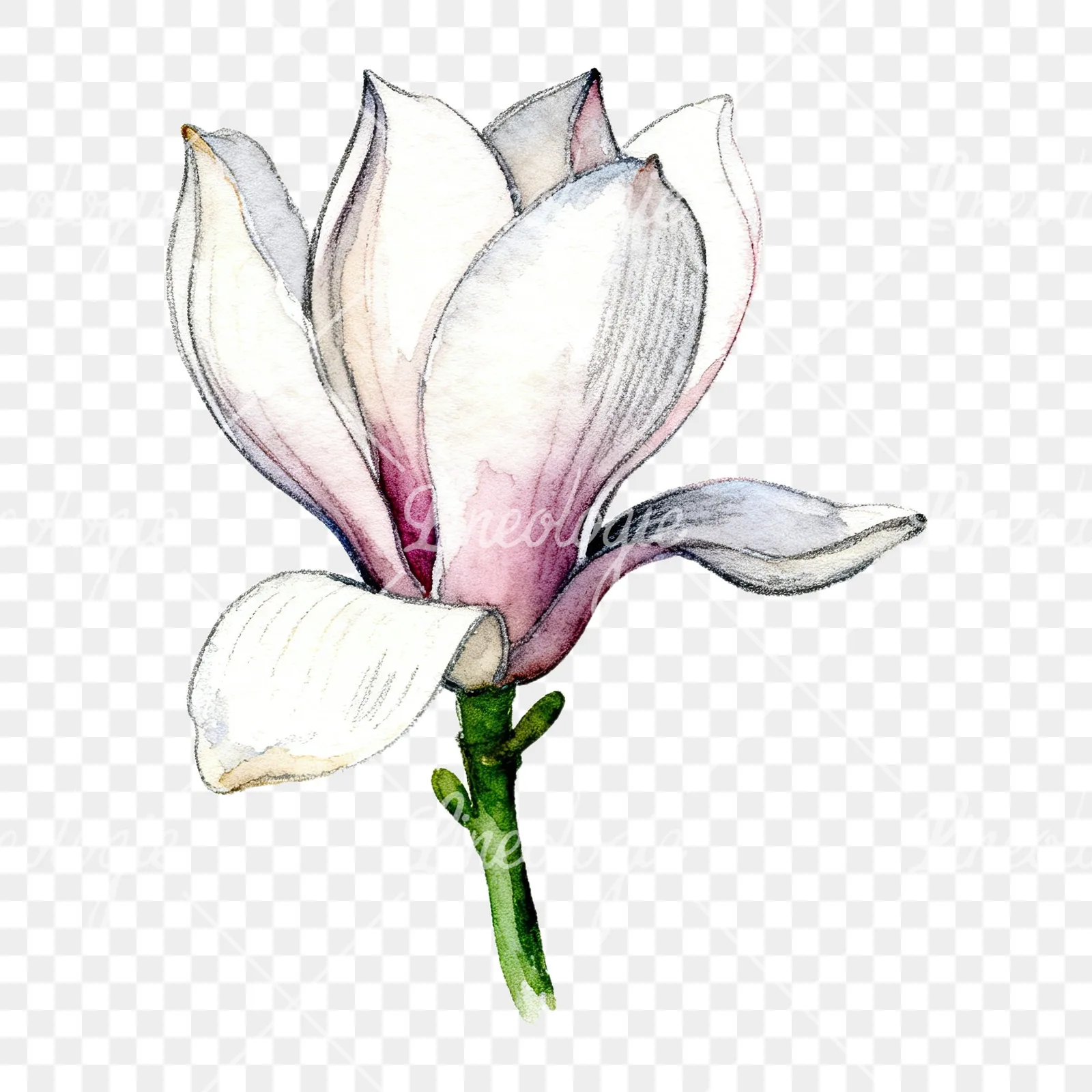 Watercolor white magnolia with pink tinges clipart 1 of 9 on a transparent background (PNG)