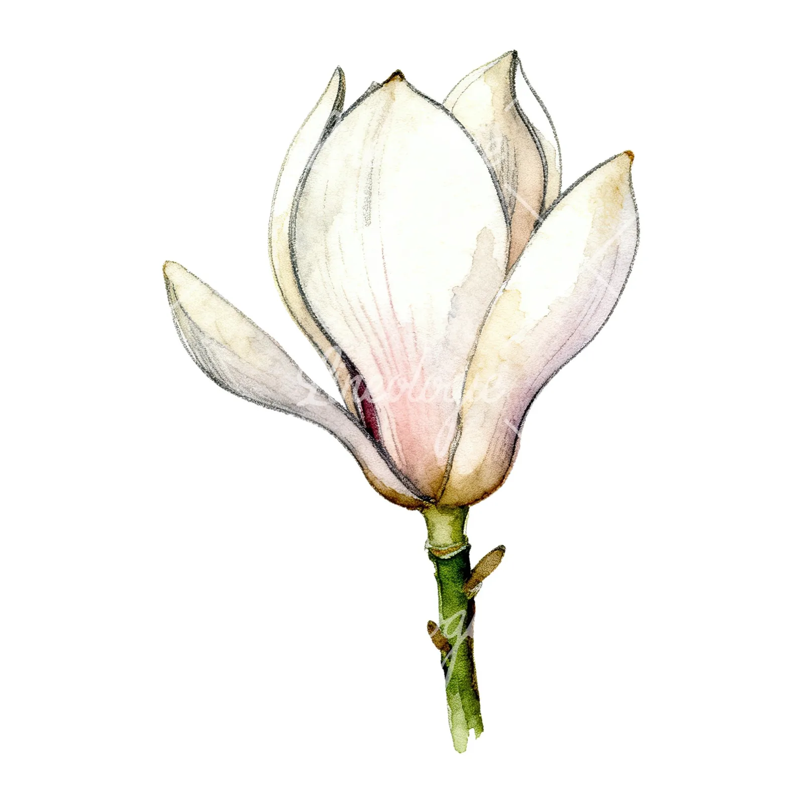 Watercolor white magnolia with pink tinges clipart 2 of 9 on a white background (JPG)