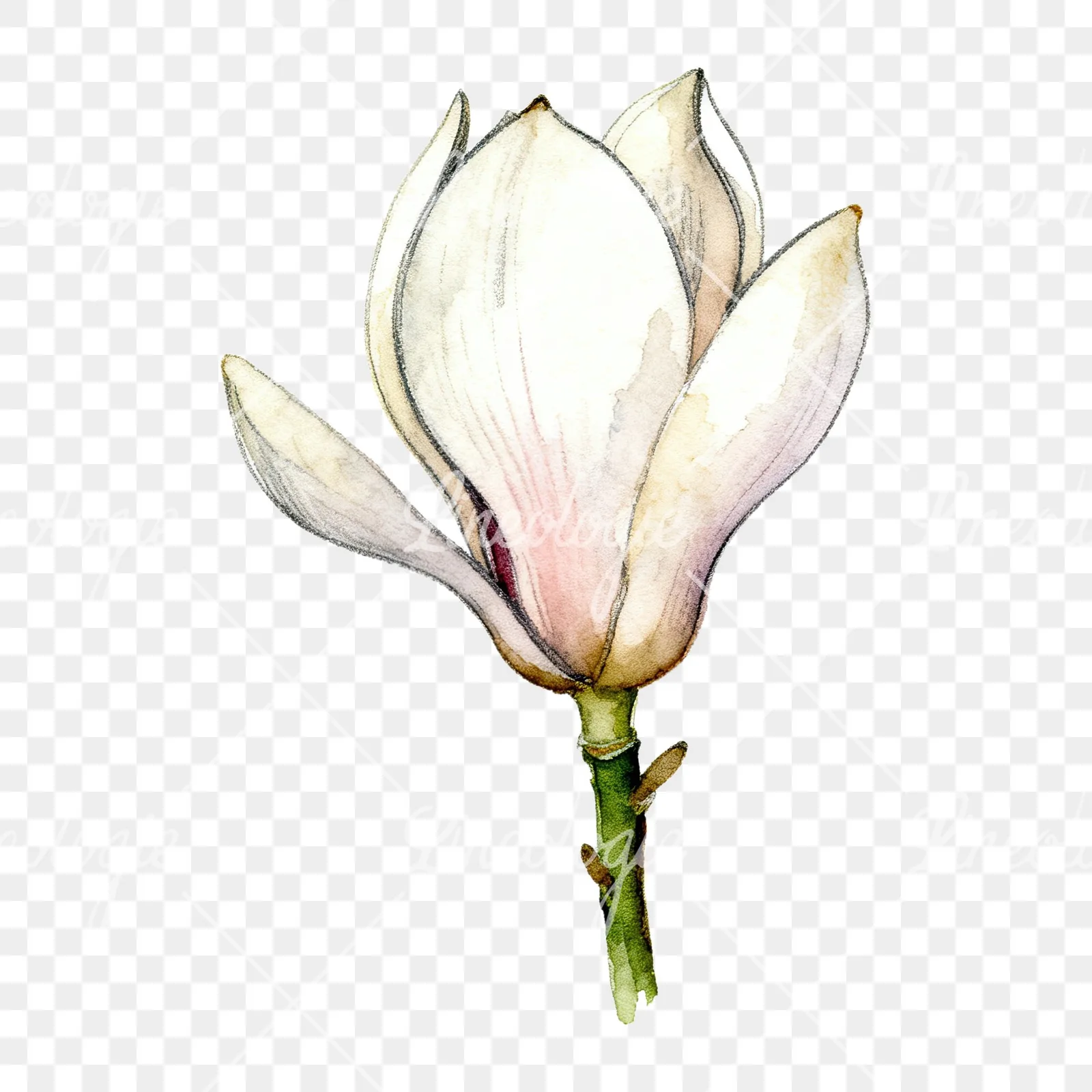 Watercolor white magnolia with pink tinges clipart 2 of 9 on a transparent background (PNG)