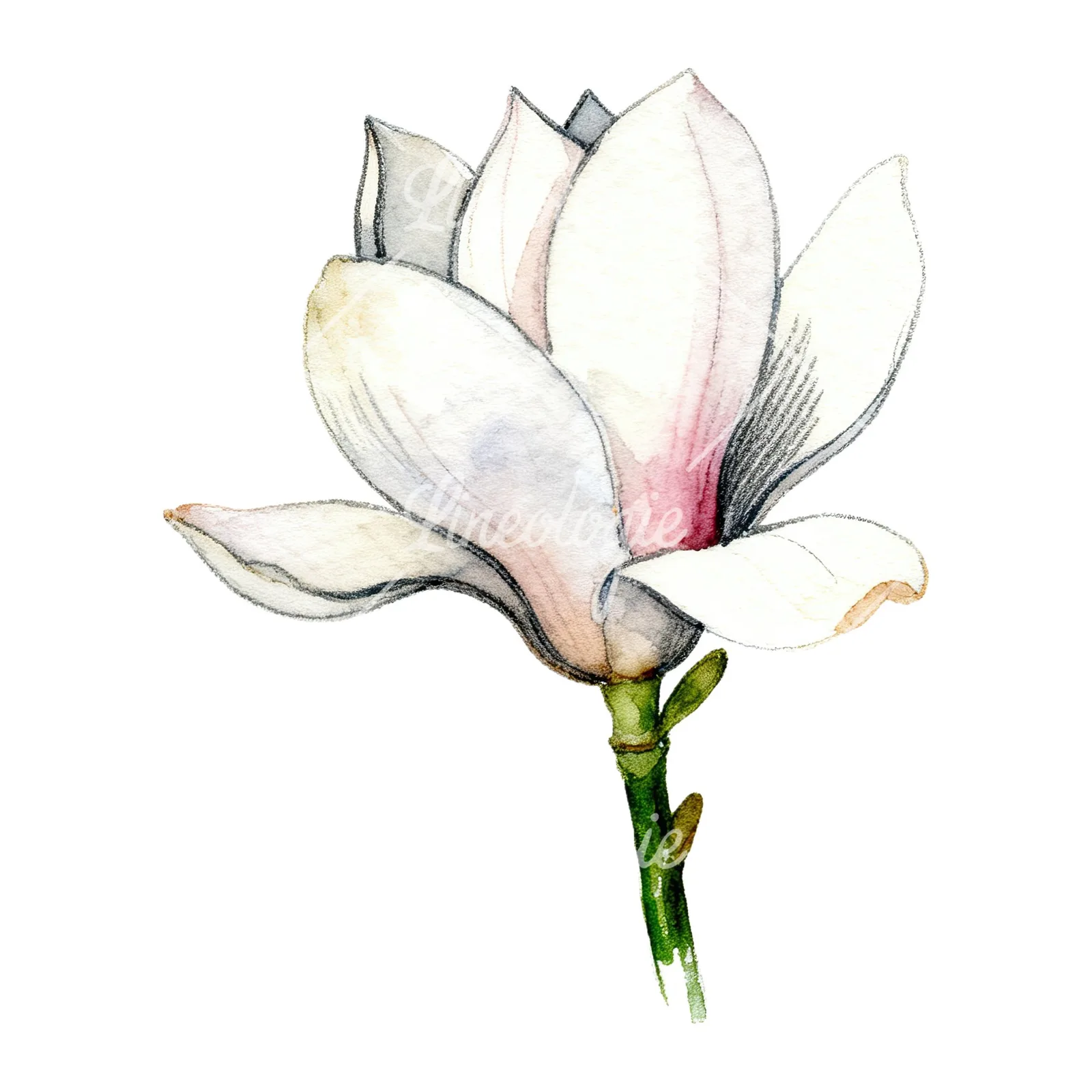 Watercolor white magnolia with pink tinges clipart 3 of 9 on a white background (JPG)
