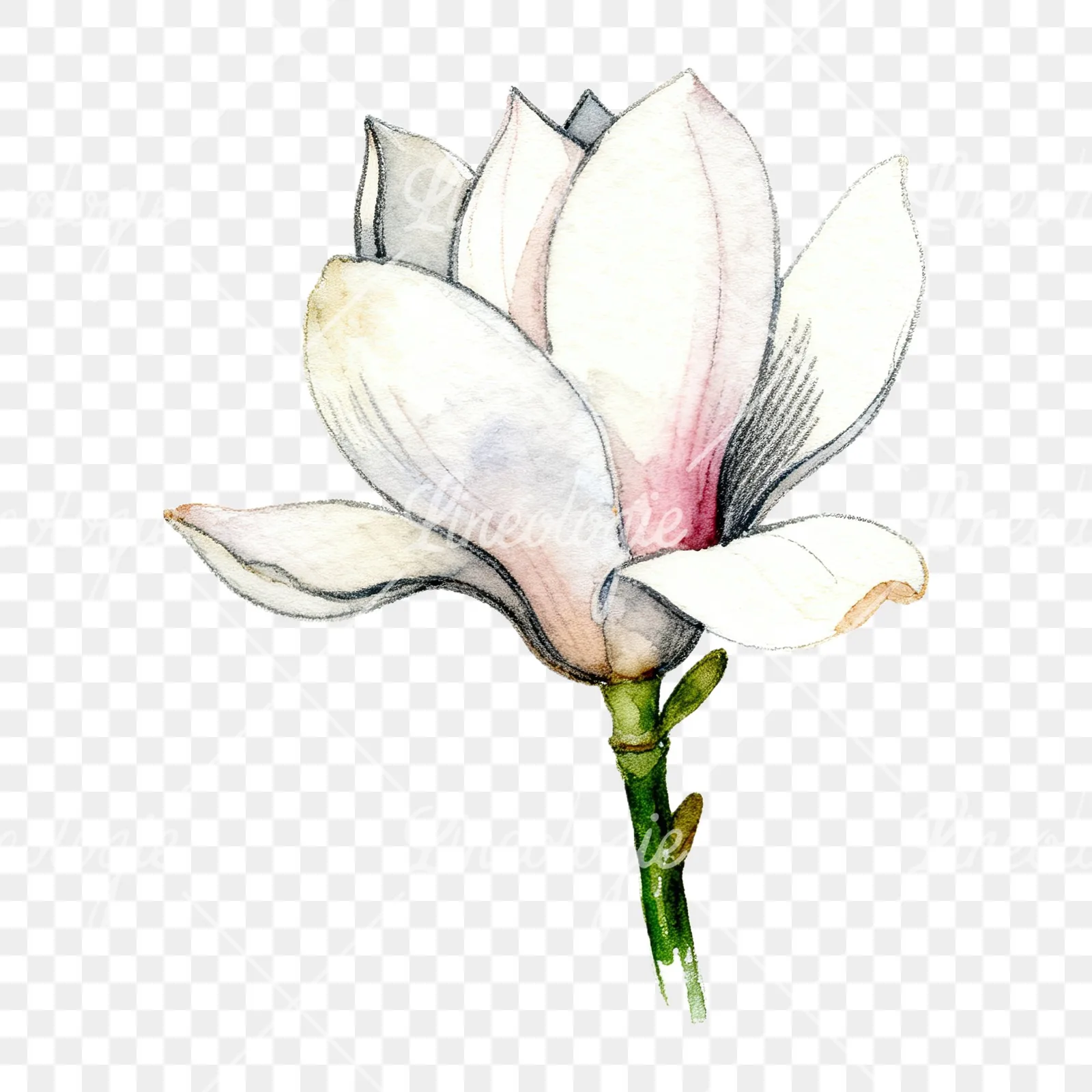 Watercolor white magnolia with pink tinges clipart 3 of 9 on a transparent background (PNG)