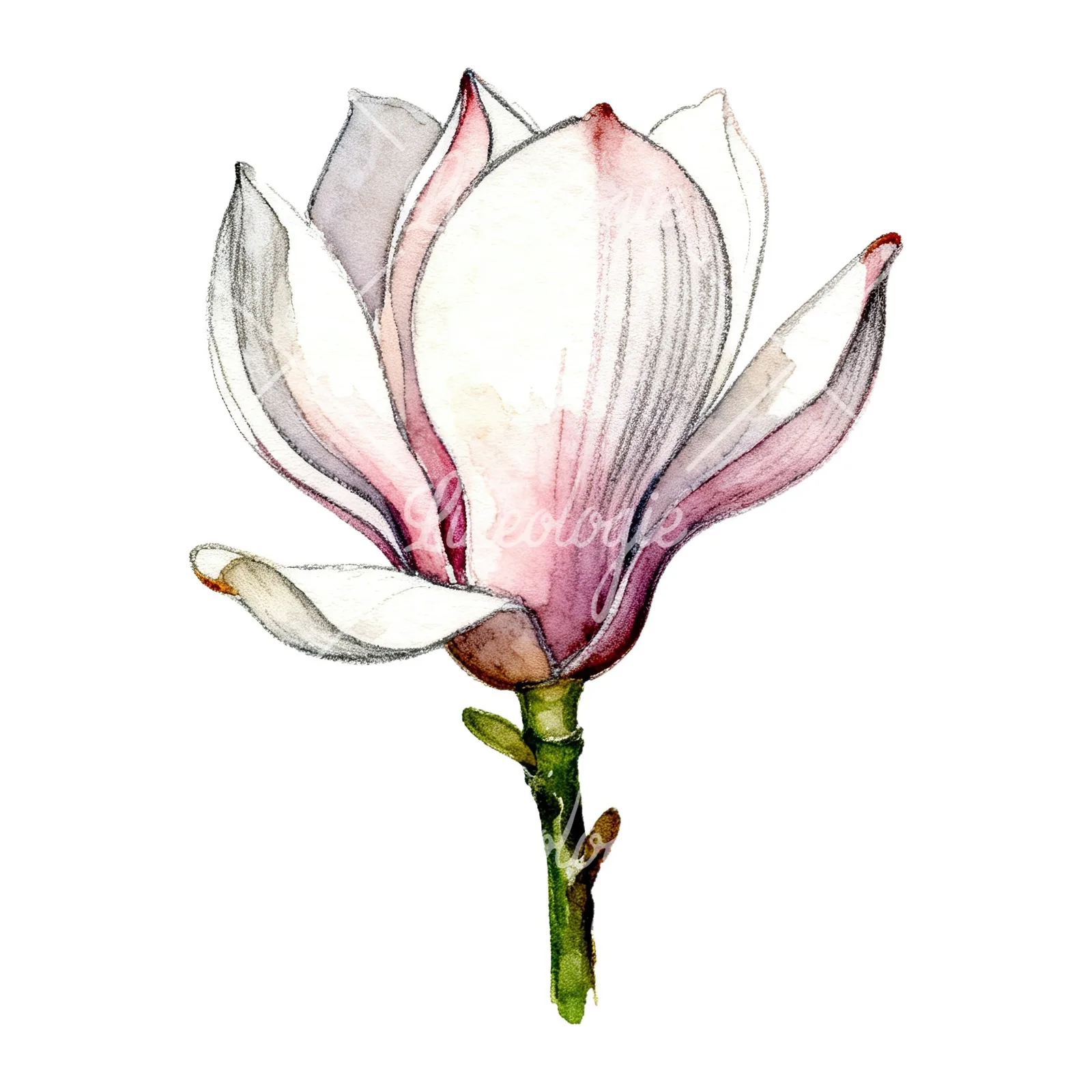 Watercolor white magnolia with pink tinges clipart 4 of 9 on a white background (JPG)