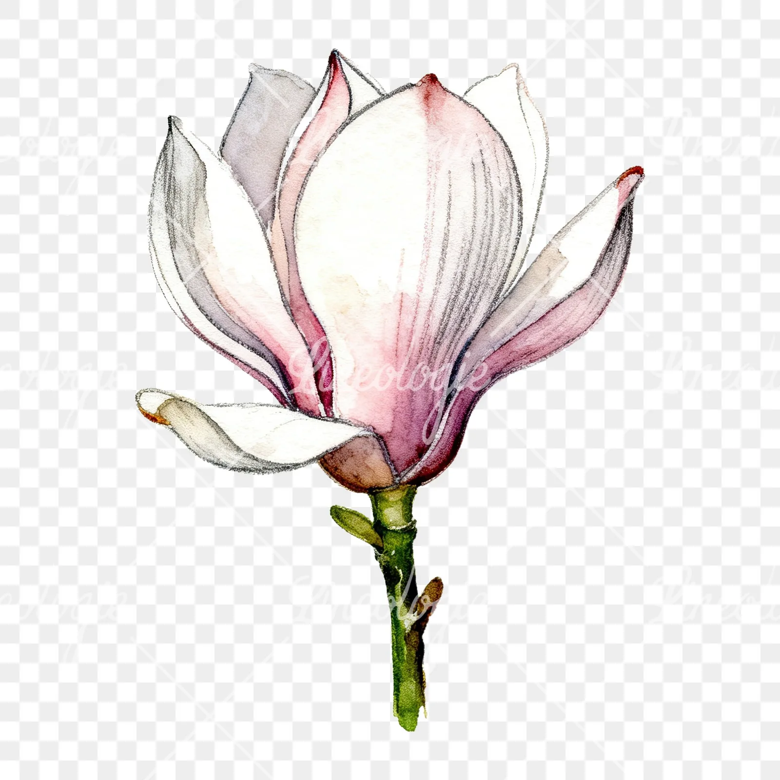 Watercolor white magnolia with pink tinges clipart 4 of 9 on a transparent background (PNG)