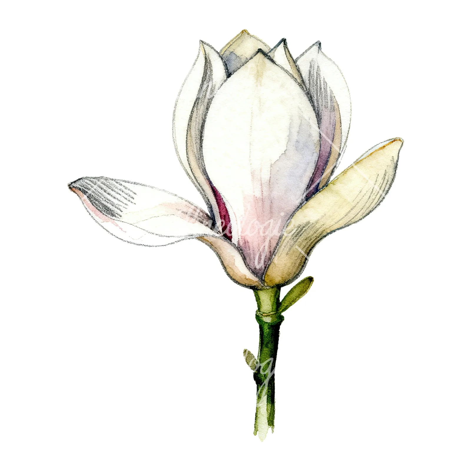 Watercolor white magnolia with pink tinges clipart 5 of 9 on a white background (JPG)
