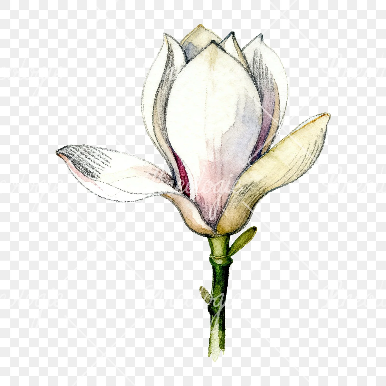 Watercolor white magnolia with pink tinges clipart 5 of 9 on a transparent background (PNG)