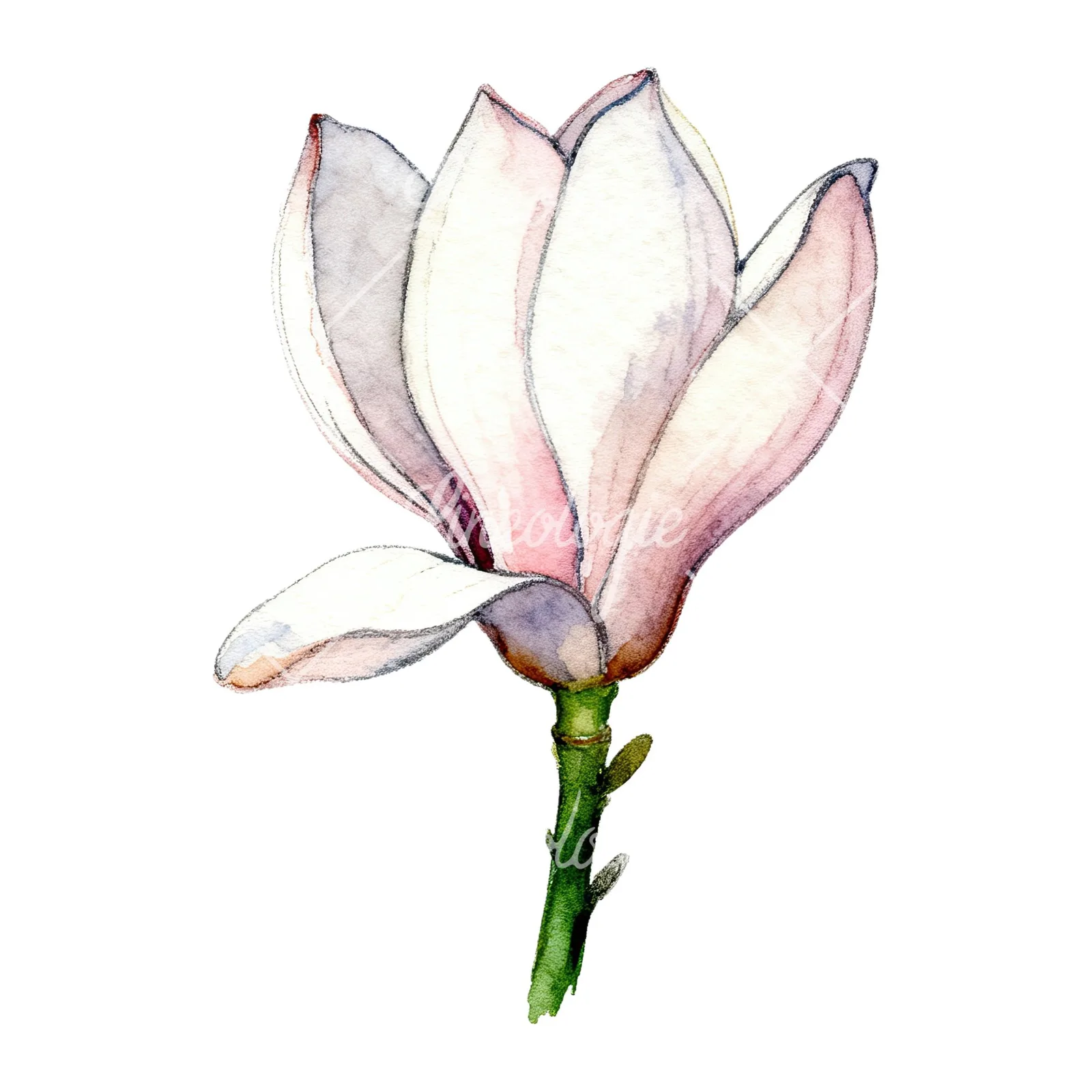 Watercolor white magnolia with pink tinges clipart 6 of 9 on a white background (JPG)