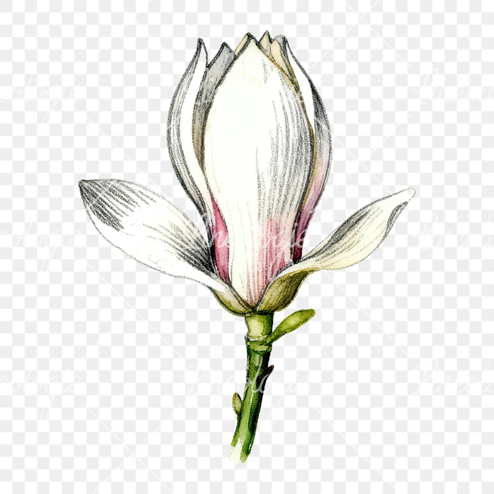Watercolor white magnolia with pink tinges clipart 8 of 9 on a transparent background (PNG)